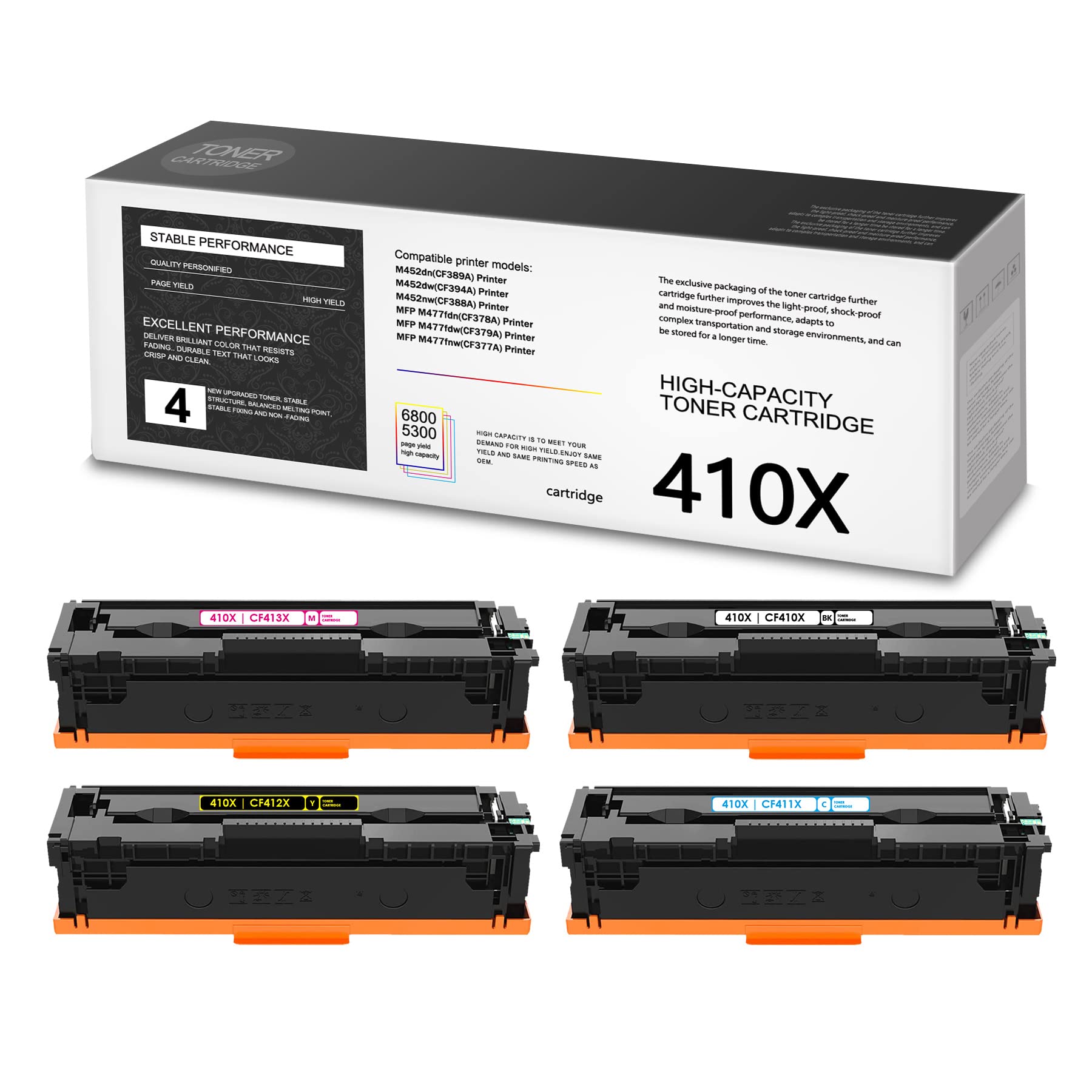 THUYAO 4-Pack CF410X CF411X CF412X CF413X Compatible Toner Cartridge Replacement for HP 410X - Works with HP LaserJet Pro M477fnw M452dn M452dw M452nw M477fdn M477fdw Printers (1 Black, 1 Cyan, 1 Magenta, 1 Yellow) - Perfect for Office & Home Printing Needs