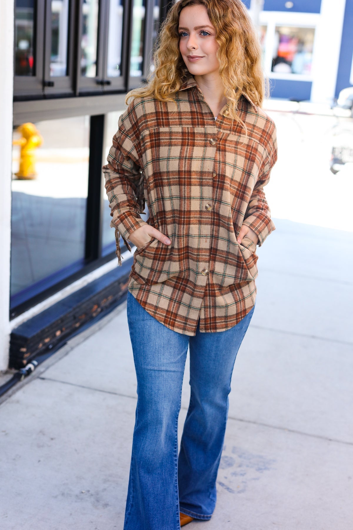 Stylish Taupe & Rust Flannel Plaid Fringe Jacket for Women - Cozy Fall Winter Layering Essential | Perfect for Outdoor Adventures, Casual Outings & Date Nights