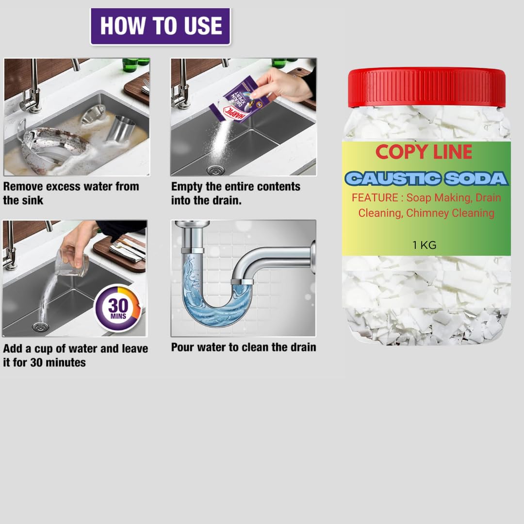 COPYLINE Sink & Drain Cleaner | Powerful Caustic Soda for Kitchen & Bathroom | Removes Tough Clogs & Blockages - 500g | Fast-Acting Pipe Maintenance Solution for Home Use