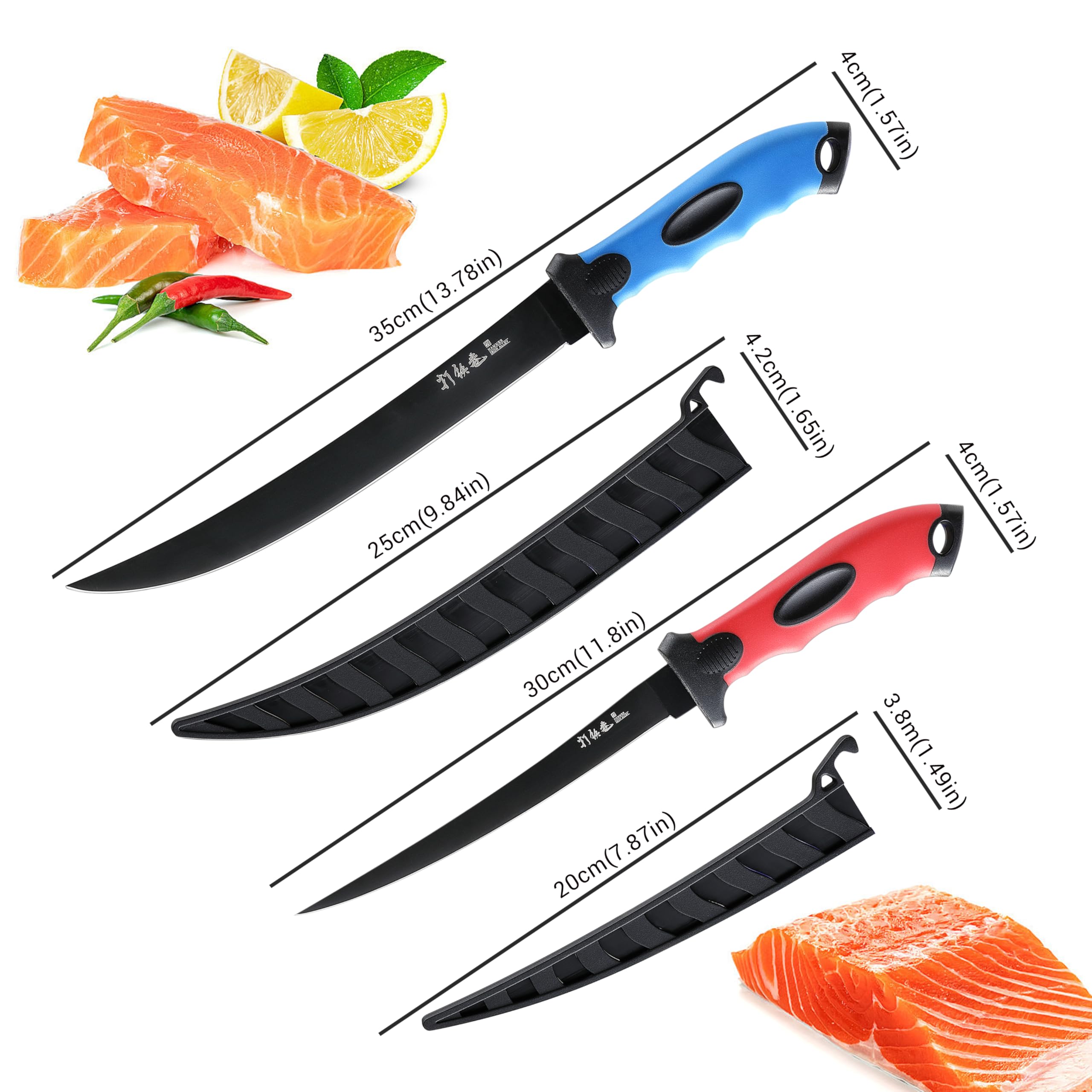 2PCS Professional Fillet Knife Set - 9 inch & 7 inch Stainless Steel Fish Fillet Knives for Meat Cutting, Trimming & Fishing | Sharp Boning Knives with Sheath Included | Perfect for Camping, Fishing Trips & Home Kitchen Use