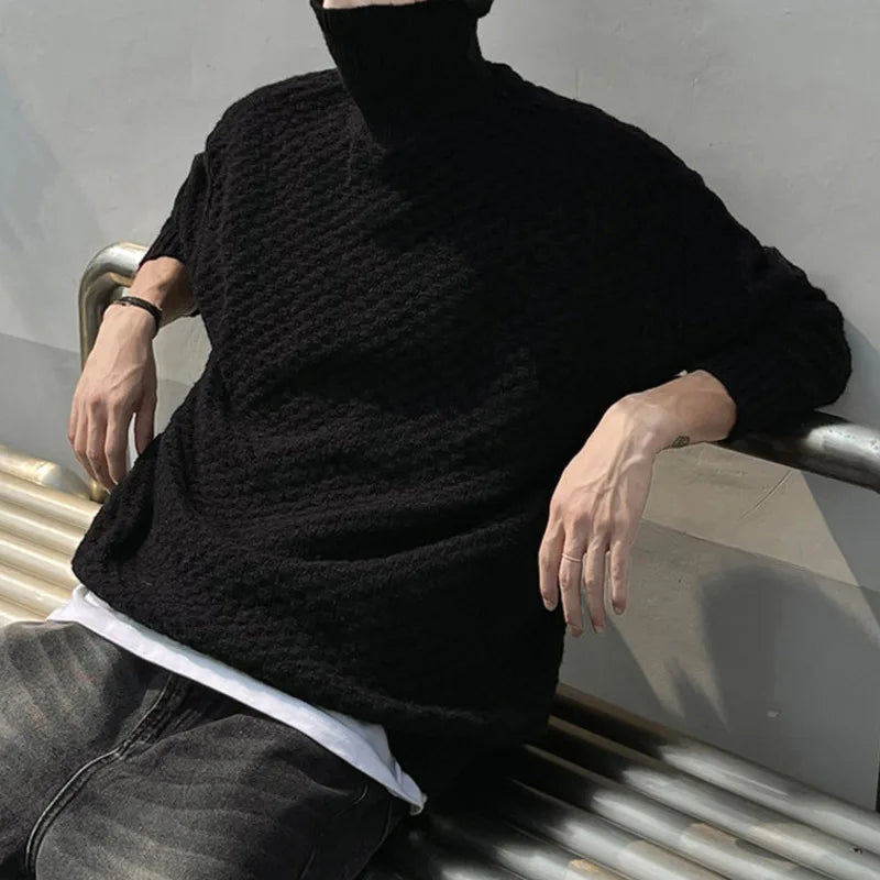 Men's Turtleneck Jacquard Knit Sweater - Loose Fit Pullover Solid Color Casual Winter Knitwear for Autumn & Winter | Office Wear, Holiday Outfits, Cold Weather Fashion