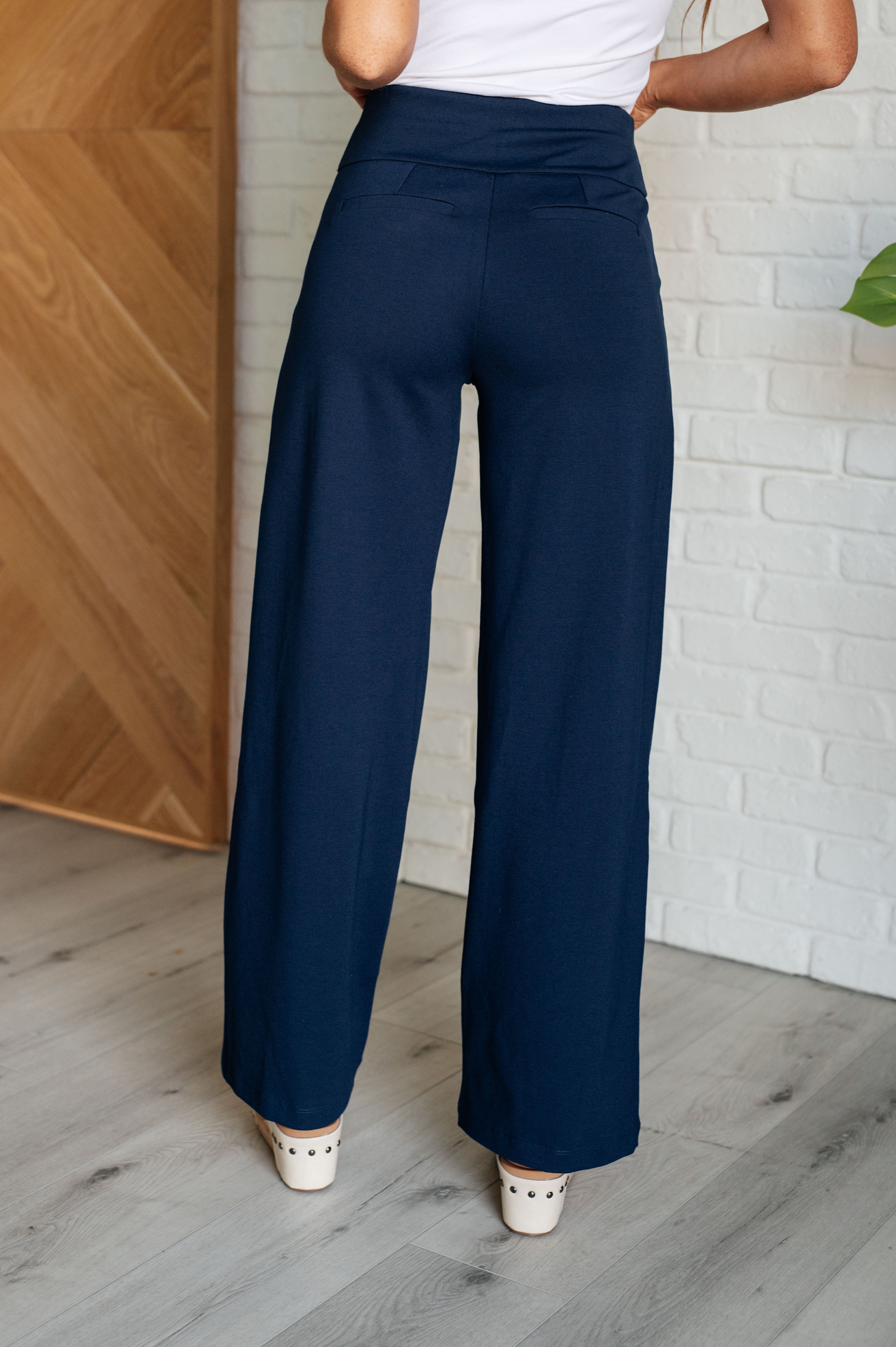 Women's Stretchy High Waist Wide Leg Pants - Navy Blue Comfortable Lounge & Work Pants for Casual Outfits & Office Wear