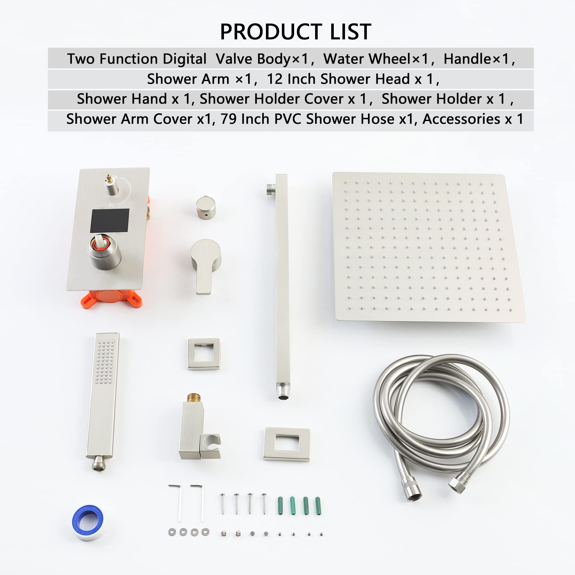 SKWOLL Brushed Nickel Shower Faucet Set - 12 Inch Wall Mount Rain Shower Head with Digital LCD Display & 2 Function Valve Kit | Modern Bathroom Upgrade for Spa-Like Experience