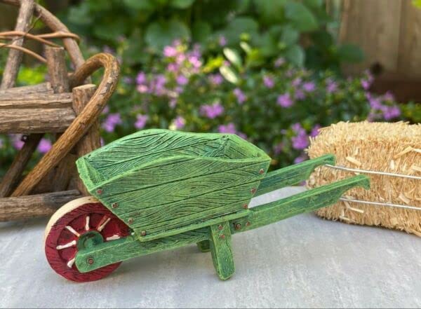 Miniature Dollhouse Fairy Garden Mini Green Wheelbarrow - Tiny Gardening Decor for Fairy Gardens, Terrariums & Miniature Landscapes | Perfect for Home, Patio, Deck & Porch Decoration