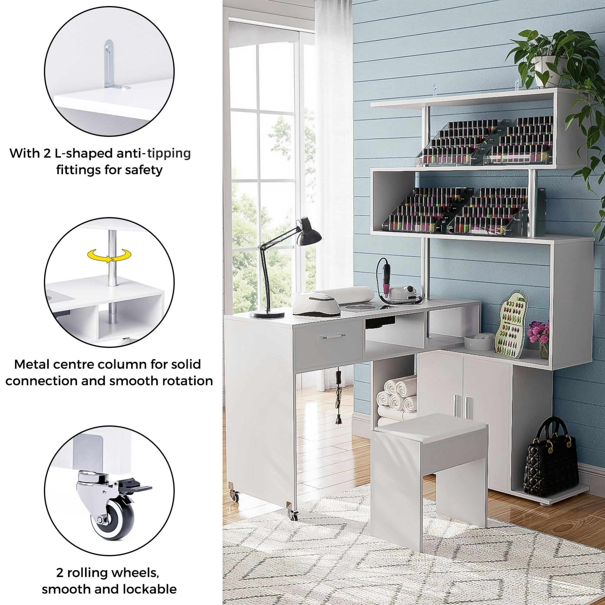 Professional L-Shaped Manicure Table with Built-in Dust Collector, Rotating Reversible Nail Tech Desk with Stool, 2-Way Drawers & Storage Shelves - Mobile Manicure Workstation on Wheels (White) - Perfect for Nail Salons, Home Studios & Professional Nail Technicians