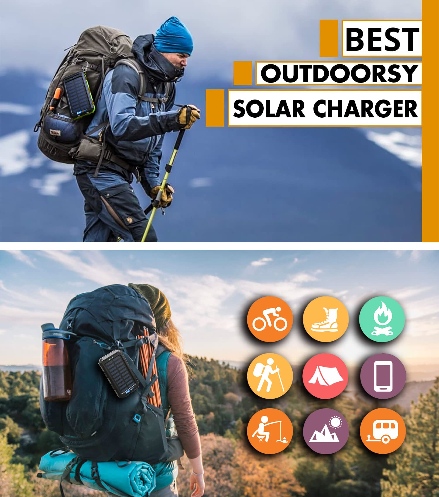 20000mAh Solar Power Bank with Built-in Flashlight - Portable Solar Phone Charger with Compass, Carabiner & Whistle - Waterproof Outdoor Solar Panel Charger for Camping, Hiking, Emergency & Travel (Green)