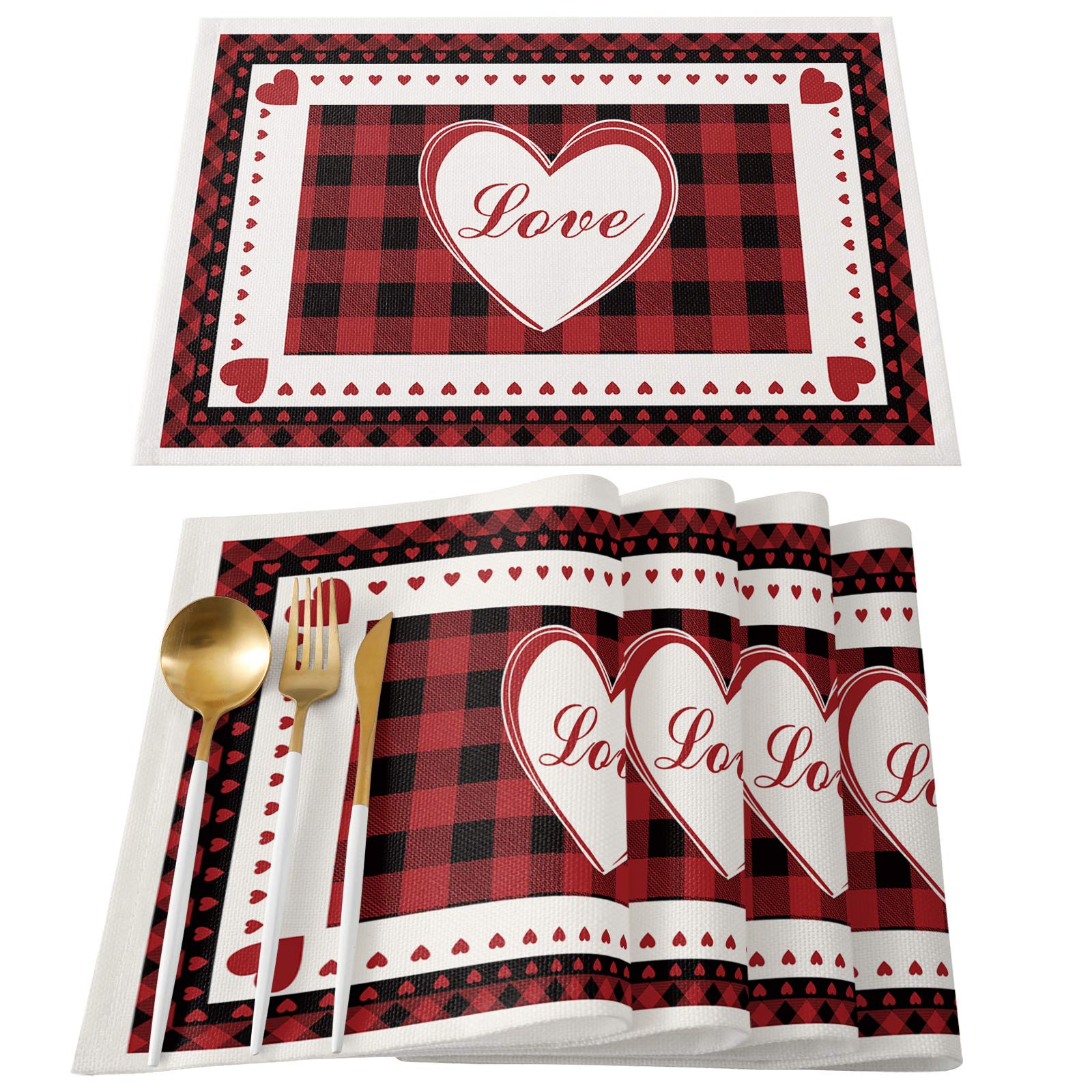 Romantic Valentine's Day Placemats Set of 4 - Heart Red Buffalo Check Plaid Heat Resistant Table Mats for Dining, Washable Cotton Burlap | Perfect for Valentine's Dinner, Anniversary Celebration & Romantic Date Night Decor