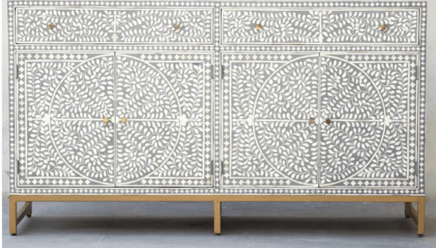 Handmade Bone Inlay Sideboard Buffet Cabinet - Mid Gray Finish with 4 Drawers & 4 Doors - Vintage Scroll Vine Design - Perfect for Dining Room Storage & Living Room Decor