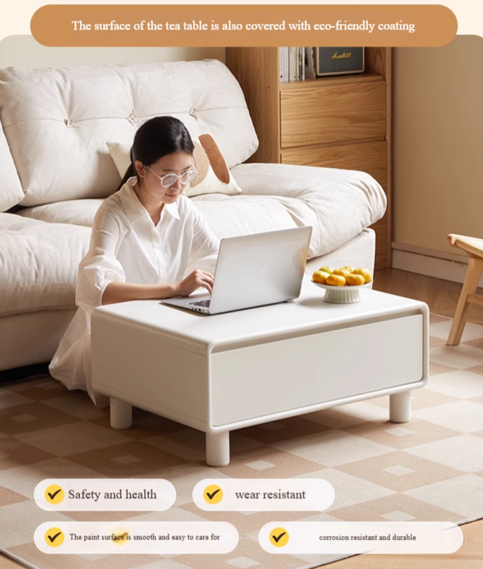 Modern Oak Solid Wood Coffee Table - Cream Finish, Minimalist Design for Living Room, Lounge, or Office - Durable & Stylish Home Decor