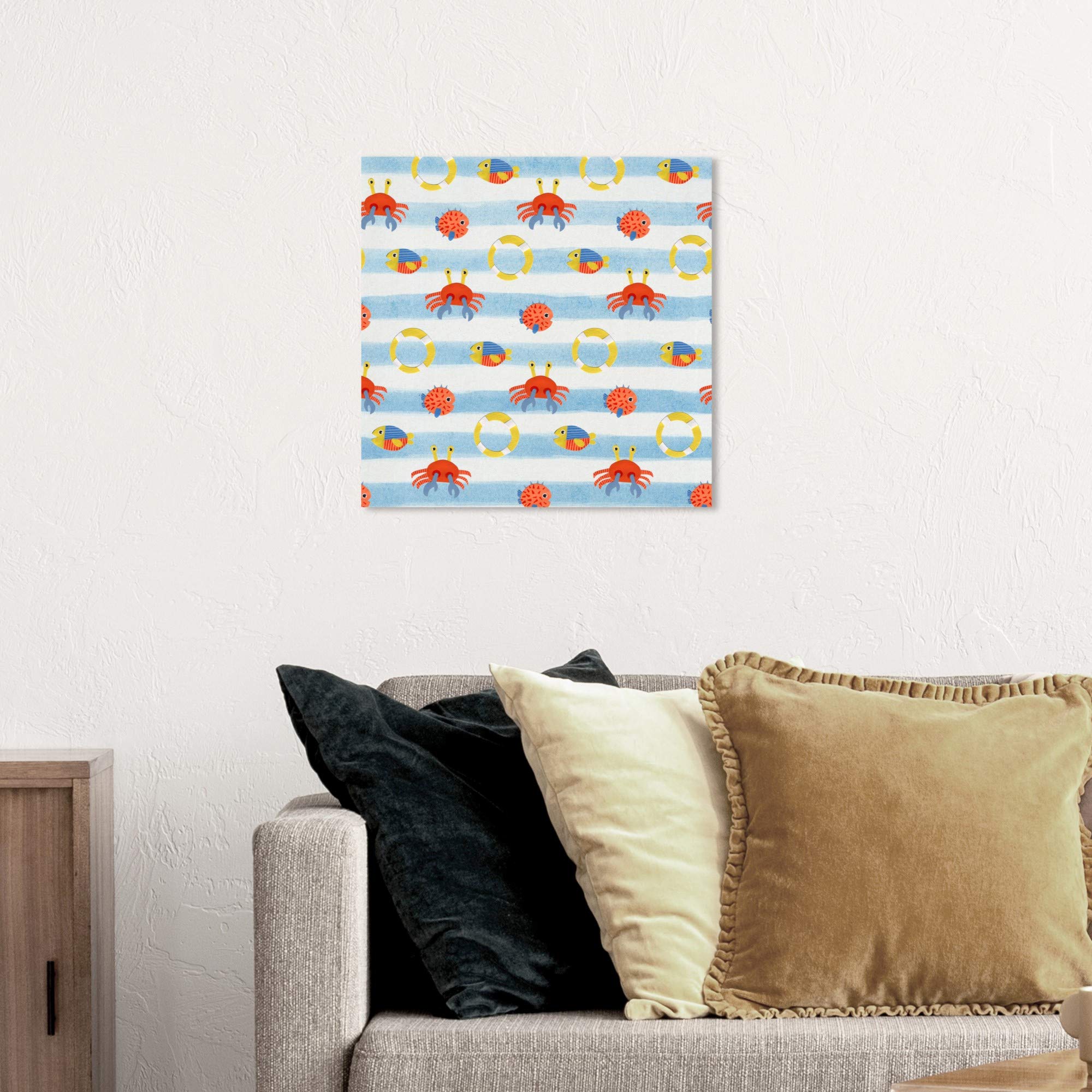 Wynwood Studio Nautical Coastal Wall Art Canvas Print - Fish Crab Lifesaver Pattern Home Decor - 20x20 Inches Blue & Orange - Perfect for Beach House, Bathroom & Coastal Living Room Decor