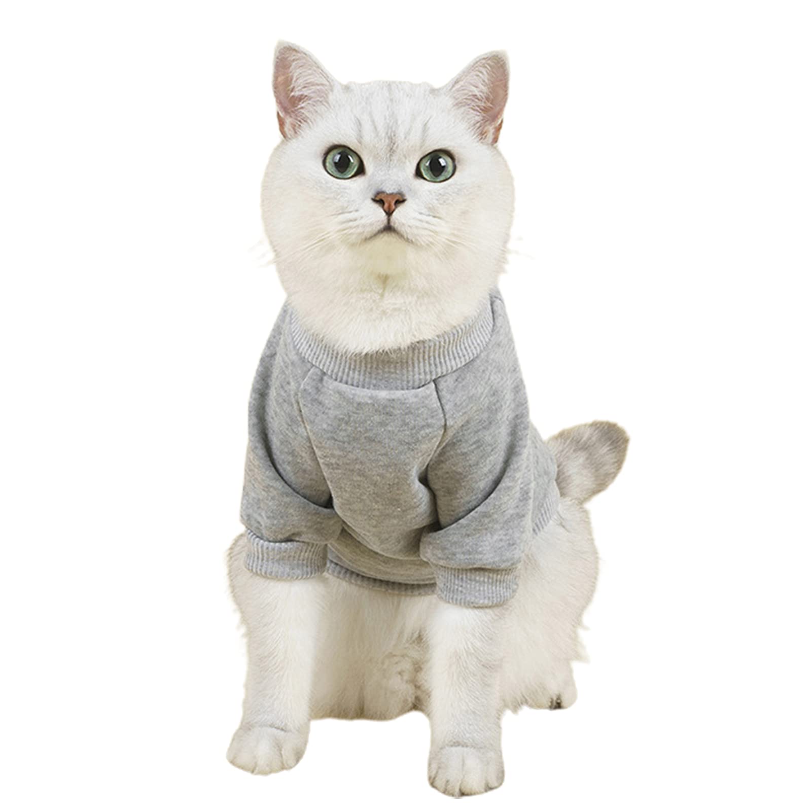 Warm Pet Sweaters for Hairless Cats & Small Dogs - Soft Cotton Pullover T-Shirts with Sleeves - Light Grey Solid Color Cat & Dog Apparel - Perfect for Indoor Winter Wear & Cute Photo Shoots