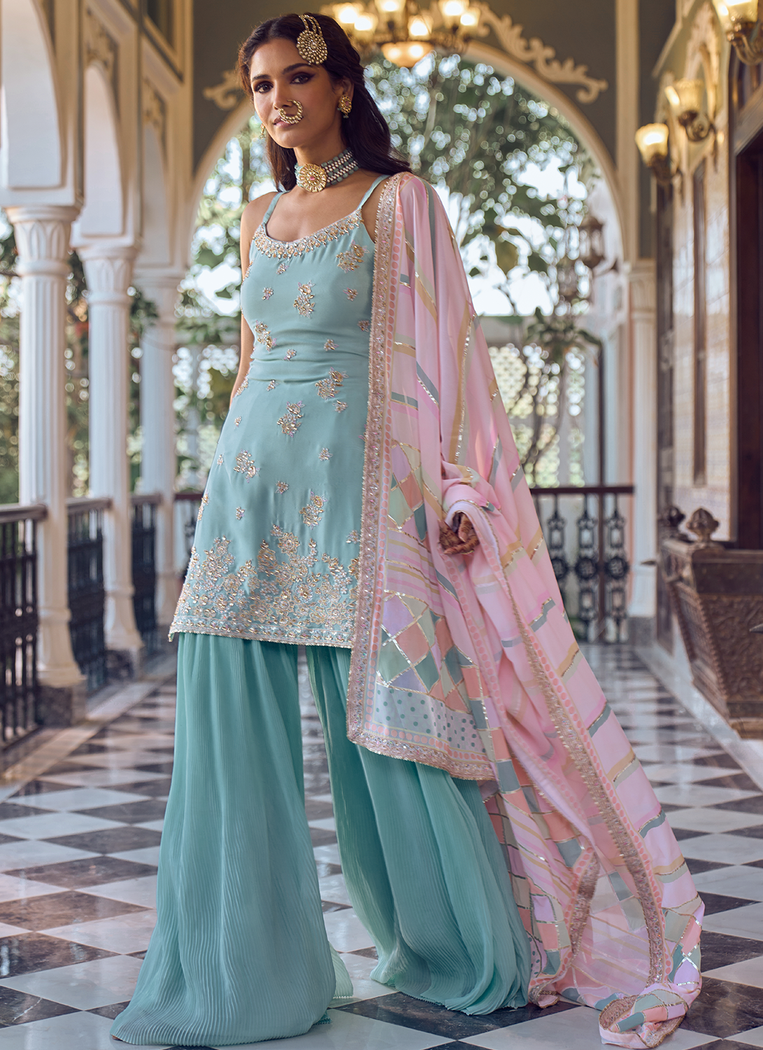 Light Blue Embroidered Sharara Suit for Women | Elegant Pakistani/Indian Ethnic Outfit | Perfect for Weddings, Festivals & Special Occasions