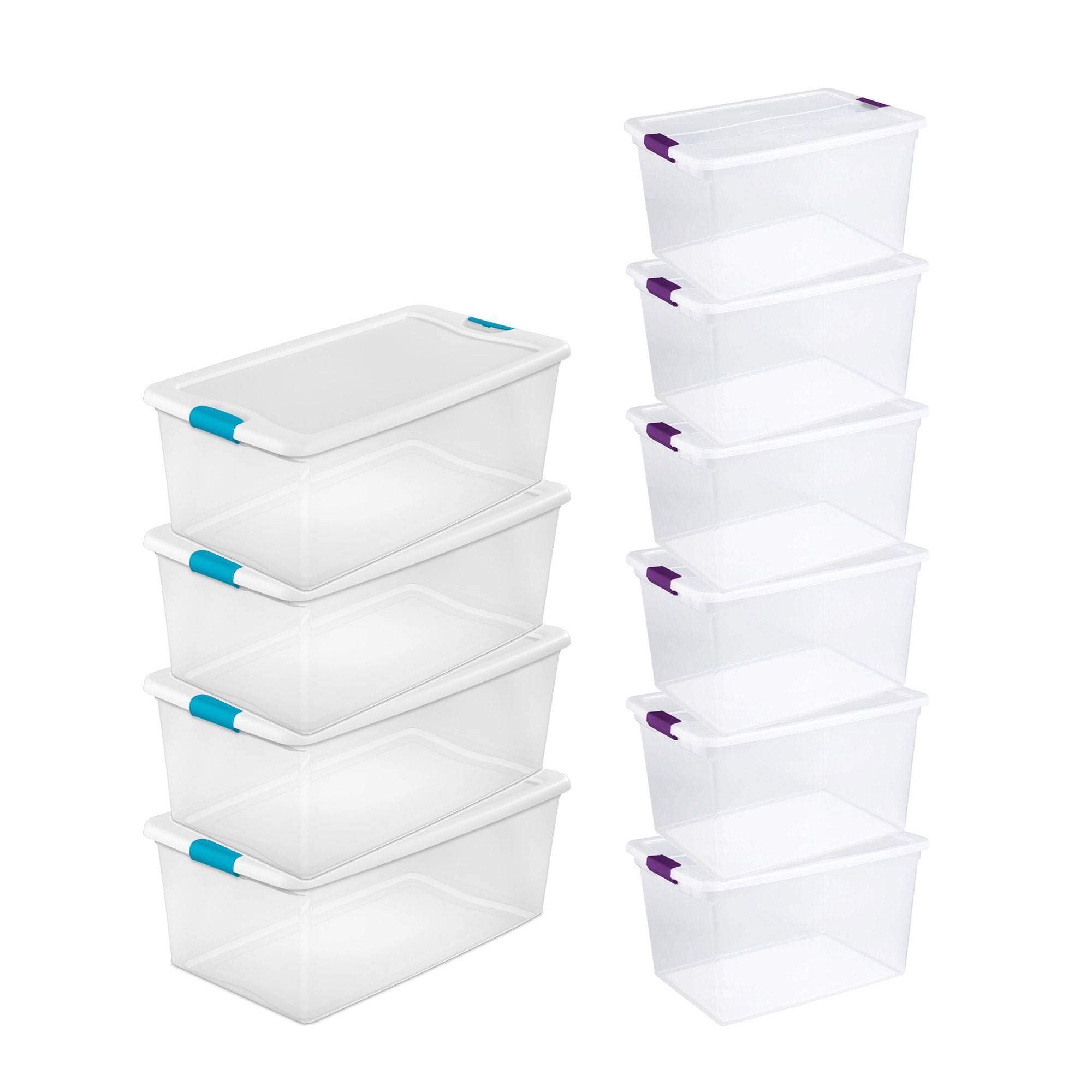 Sterilite 106 Quart & 66 Quart Clear Storage Totes with Latching Lids - 4 Pack & 6 Pack Set - Heavy Duty Plastic Bins for Home Organization, Garage Storage, and Moving Supplies