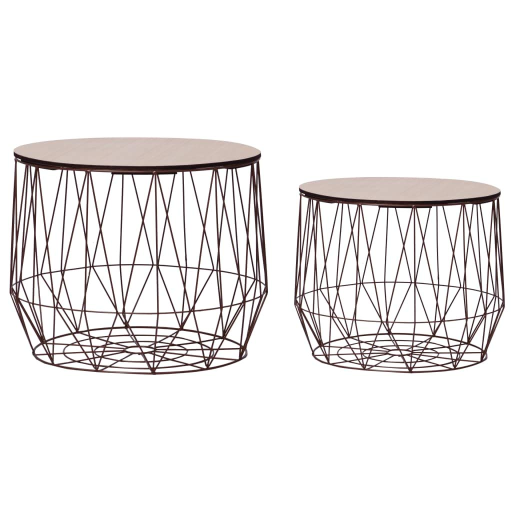 Round Coffee Tables Set of 2 with Storage Basket & Removable Top - Modern Side Tables for Living Room, Bedroom - Perfect for Drinks, Books, Remote Control & Home Decor - Copper Finish