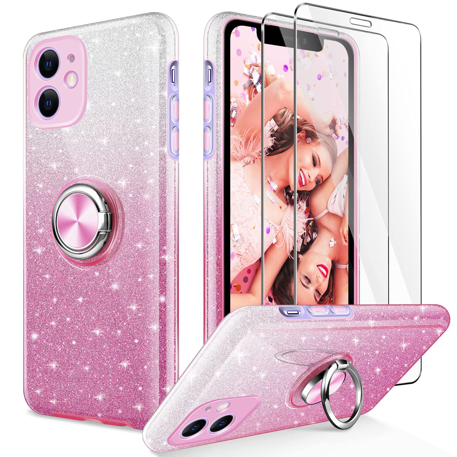 Sparkly Glitter iPhone 11 Case 6.1 Inch with Kickstand & 2 Pack Screen Protectors - Shockproof Protective Bling Phone Cover for Women & Girls (Pink) | Perfect for Everyday Use, Parties & Gifts