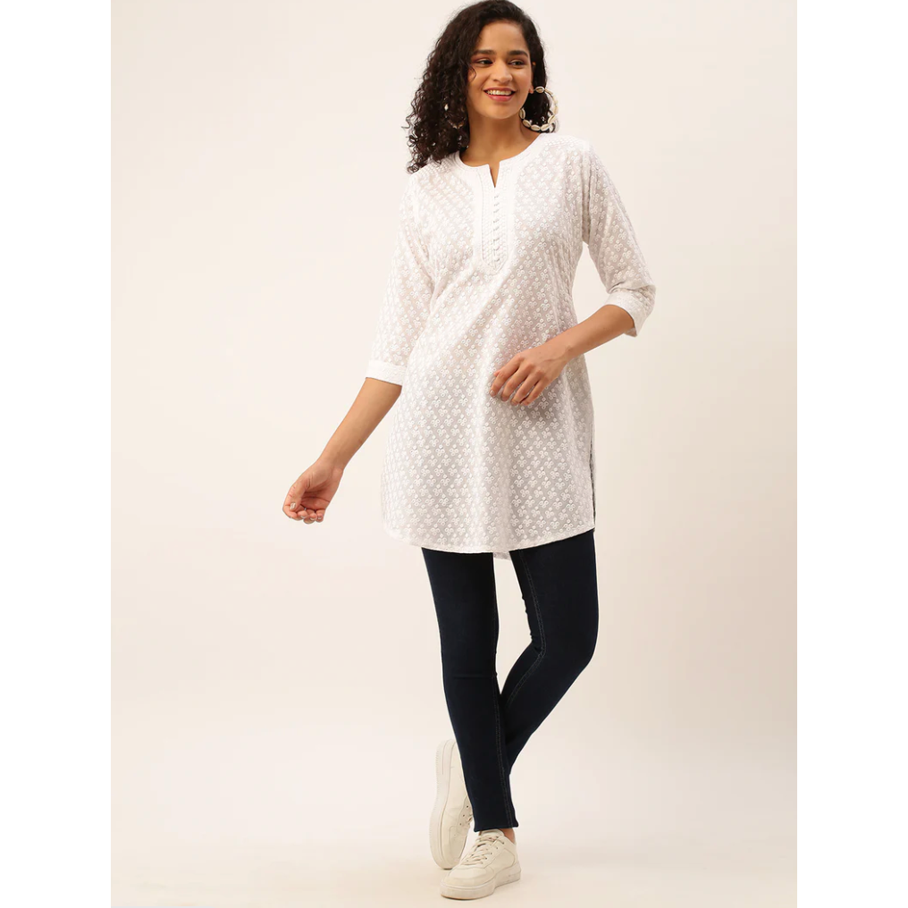 Elegant Chikankari White Short Kurti for Women - Traditional Indian Embroidered Tunic Top for Casual Wear & Festive Occasions