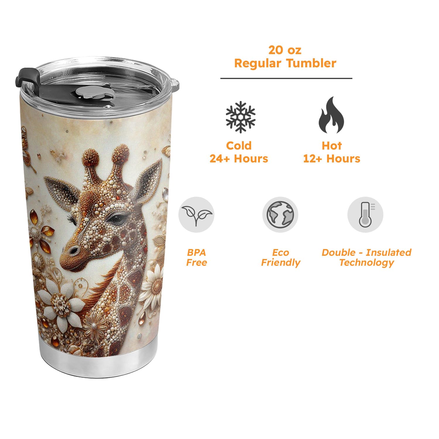 20oz Insulated Giraffe Print Tumbler Cup with Lid - Unique Valentine's Day & Birthday Gift for Women, Giraffe Lovers - Perfect Travel Coffee Mug for Office, Hiking & Commuting
