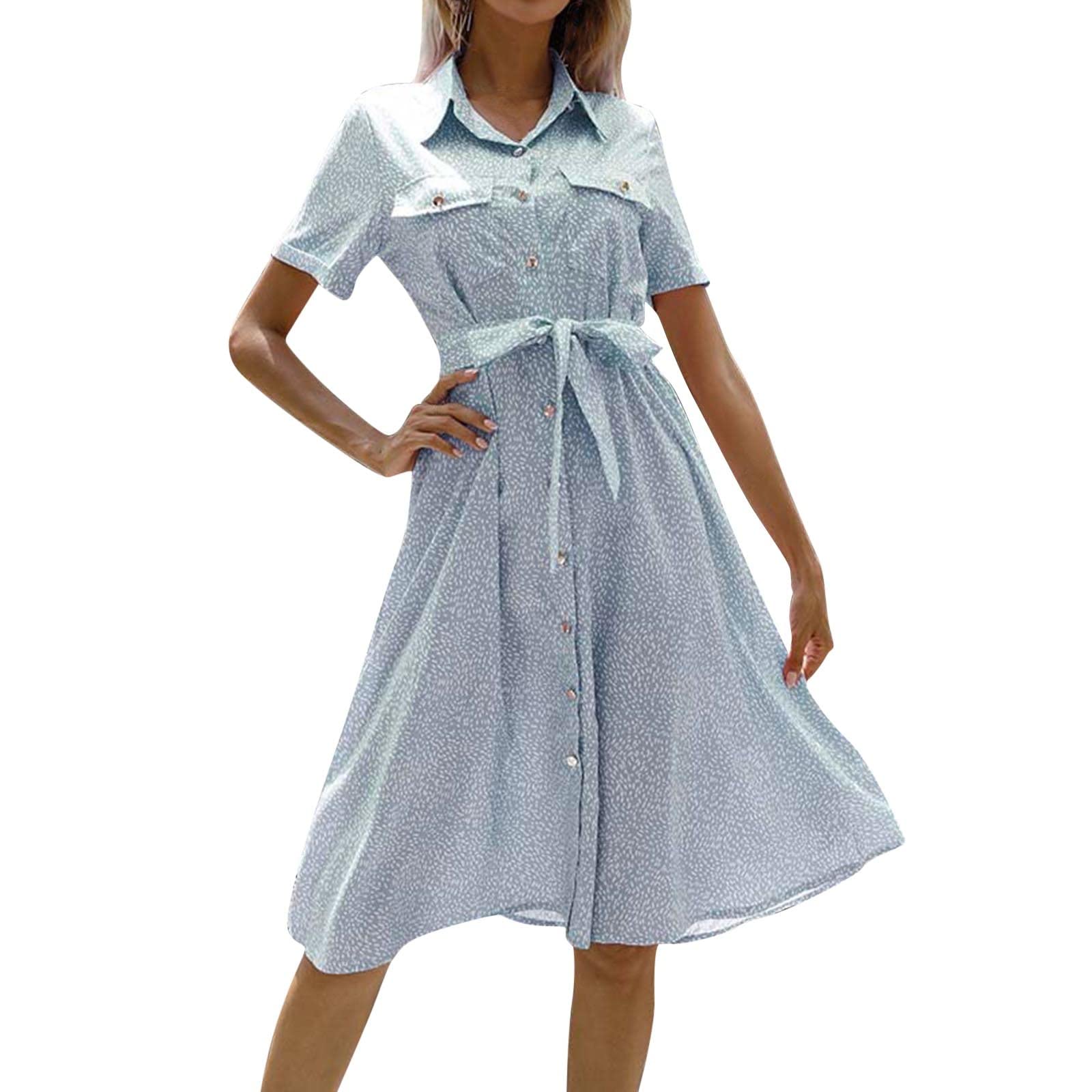 KKJJ Women's Floral Print Bandage Dress - Short Sleeve Button Down Casual Summer Dress for Holiday, Party & Beach Outfits