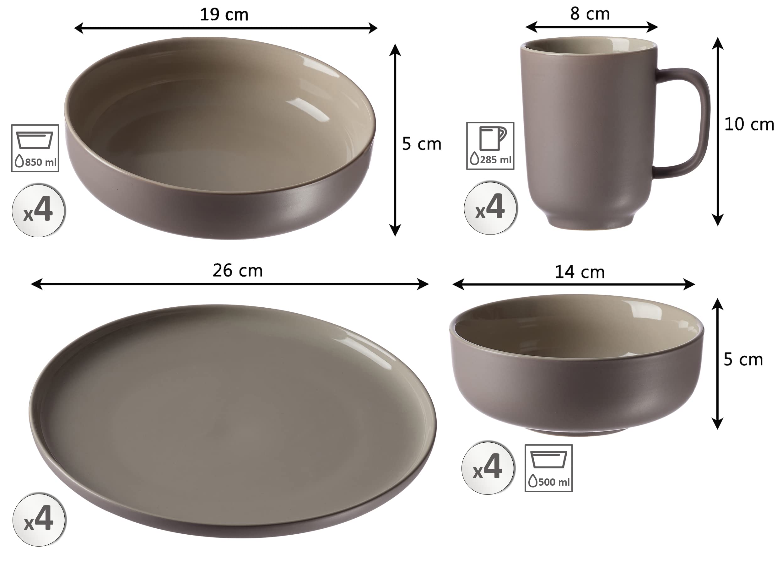 Ritzenhoff & Breker Jasper 16-Piece Taupe Stoneware Dinner Set - Plates, Bowls & Cups for 4 People | Elegant Tableware for Family Dinners, Parties & Restaurant-Style Dining