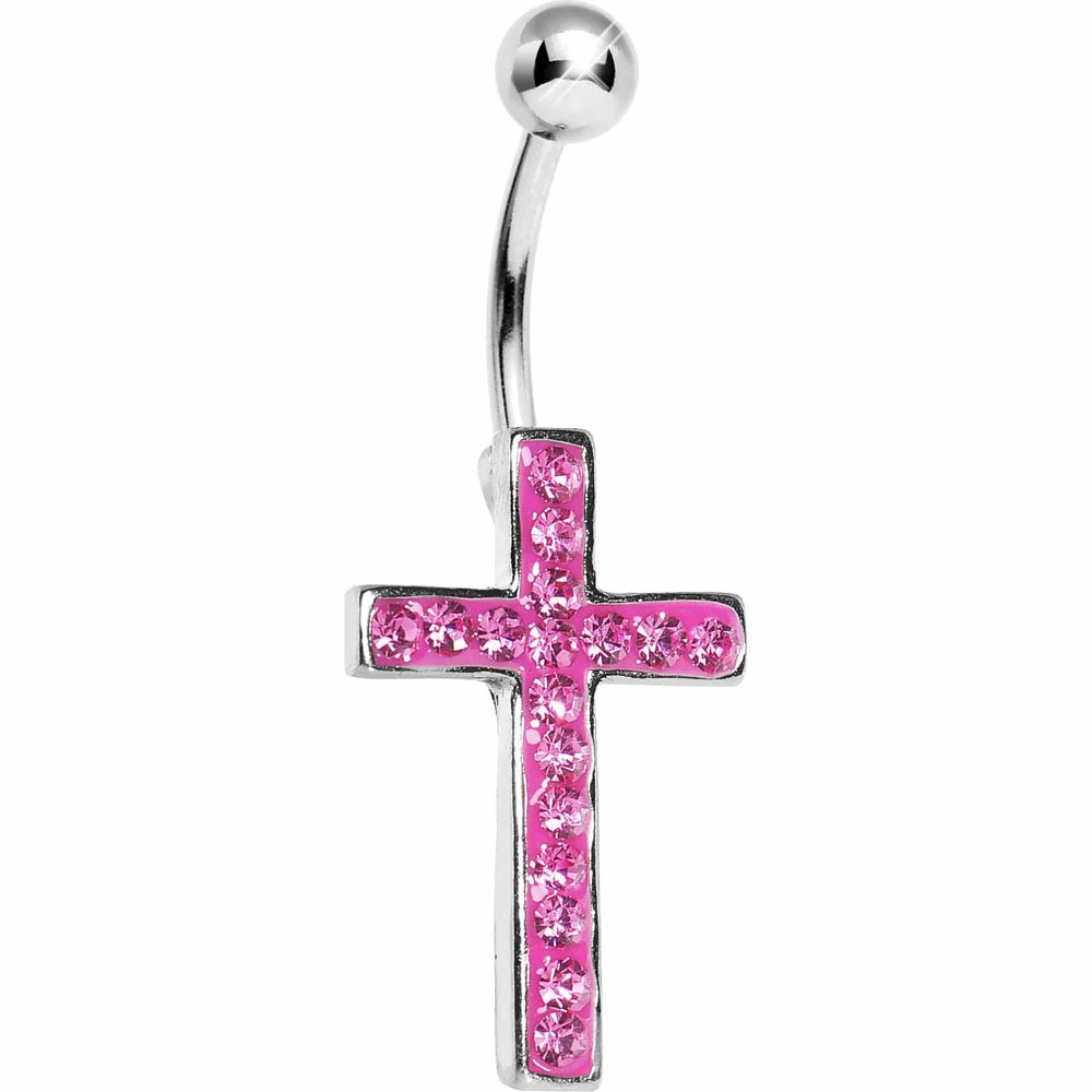 Body Candy Women's Pink Paved Perfect Cross Belly Button Ring - Stylish Navel Piercing Jewelry for Parties, Beach & Everyday Wear