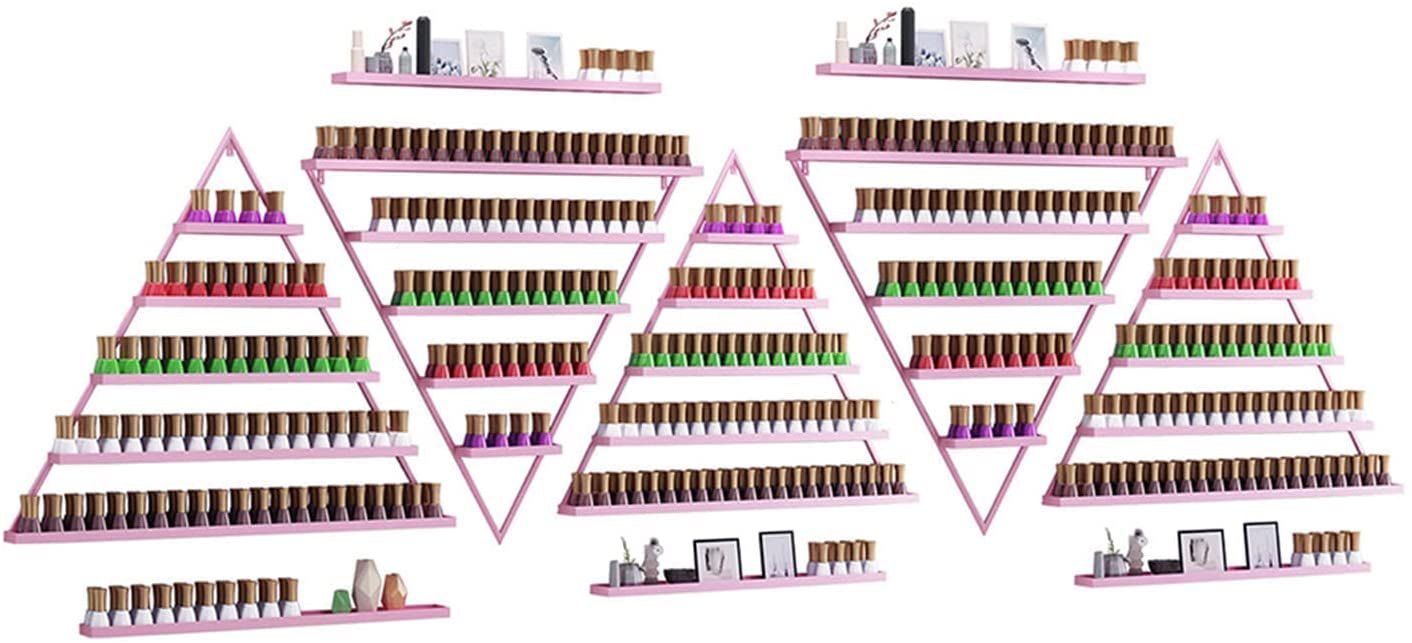 Wall Mounted Metal Nail Polish Bottle Storage and Display Rack - Triangular Nail Polish Holder Organizer for Salon & Retail Store - Pink 10-Piece Set Holds 550 Bottles - Perfect for Nail Salon Organization & Home Decor Display