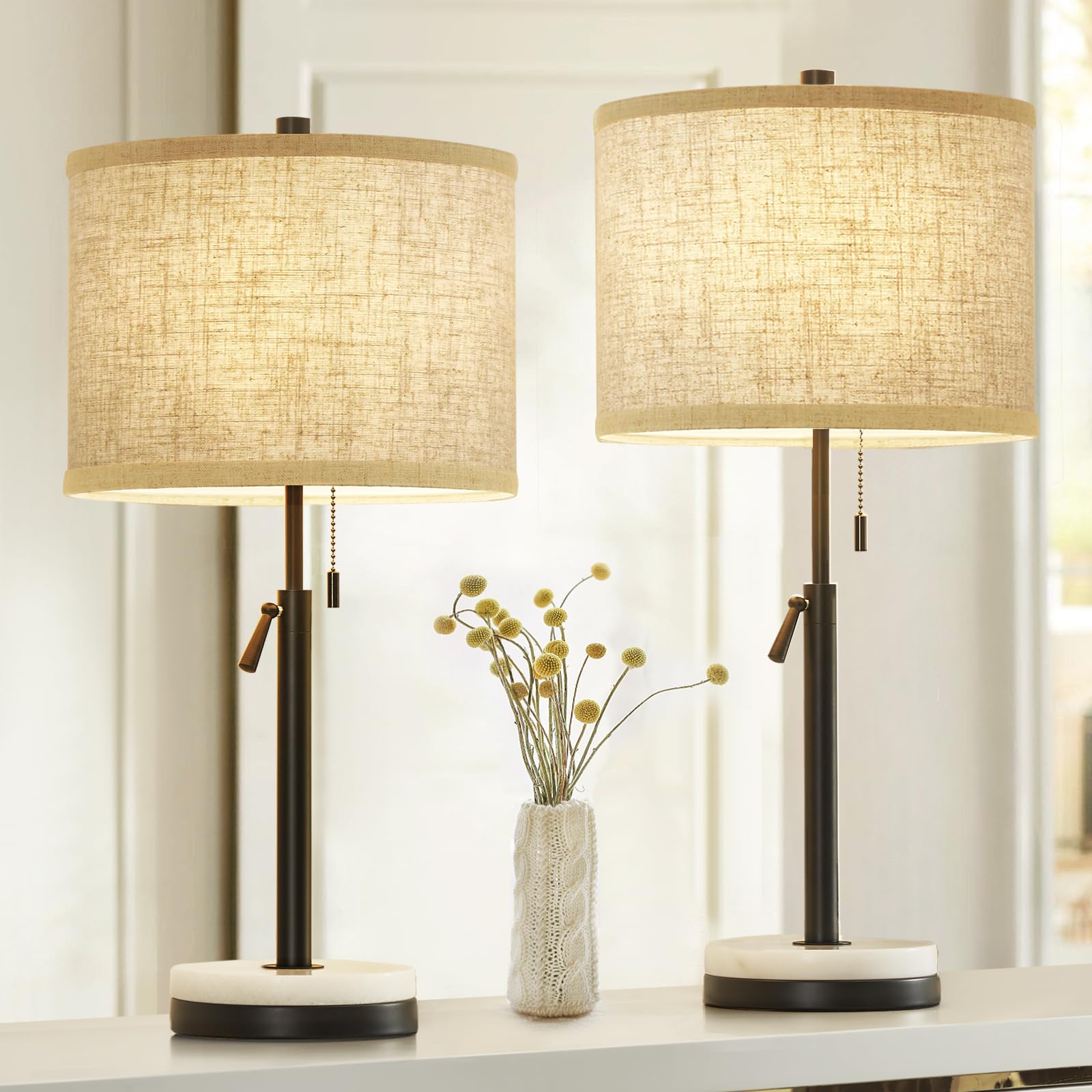 GyroVu Adjustable Height Table Lamps Set of 2 - Modern Marble Nightstand Lamps with Pull Chain for Bedroom, Living Room & Office - Black (Bulbs Not Included) | Perfect for Reading, Decor & Ambient Lighting