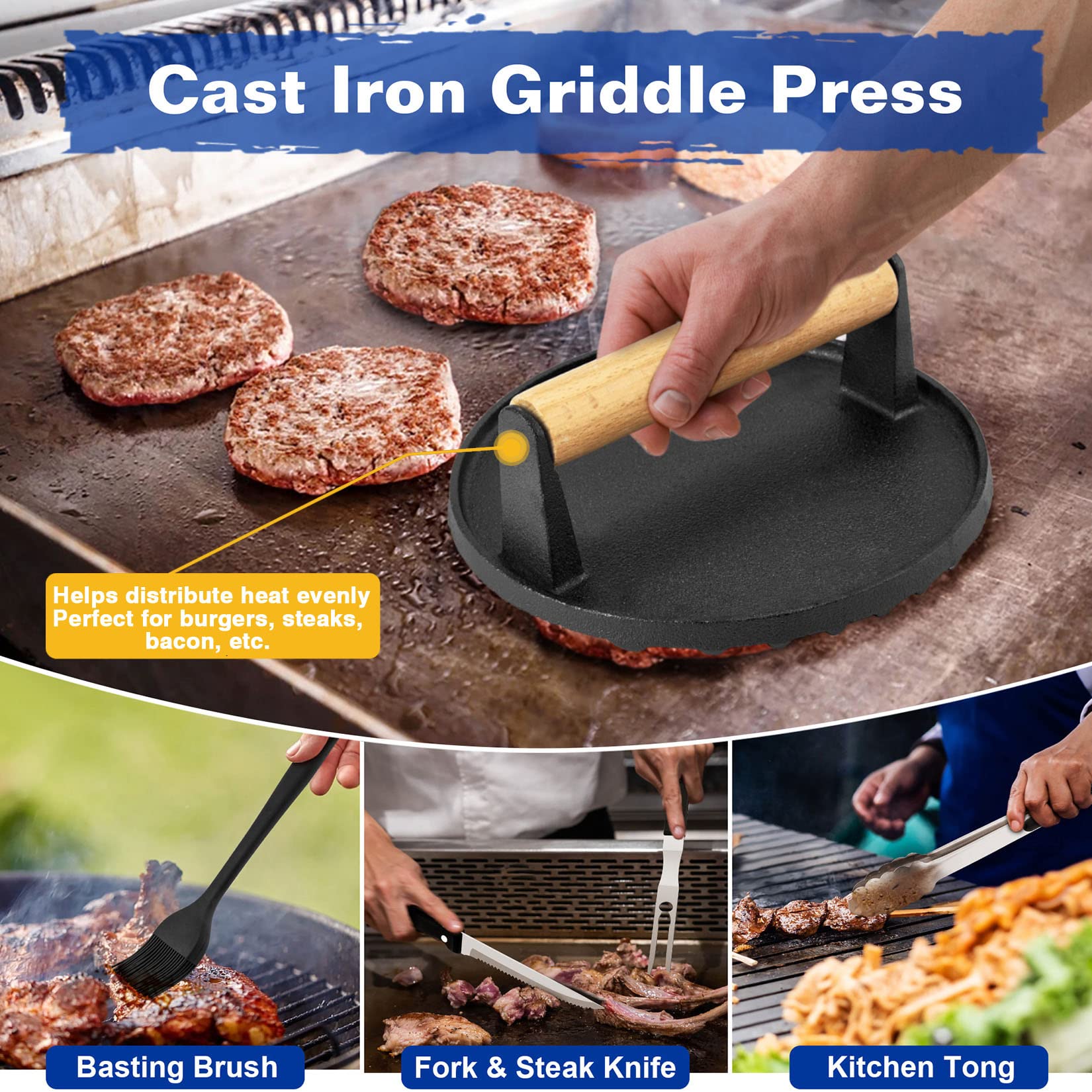 23Pcs Stainless Steel Griddle Accessories Kit - Joyfair BBQ Grilling Tool Set with Flat Top Spatulas & Cast Iron Burger Press - Perfect for Outdoor Hibachi, Teppanyaki, Camping & Backyard Cooking (ABS Handles)