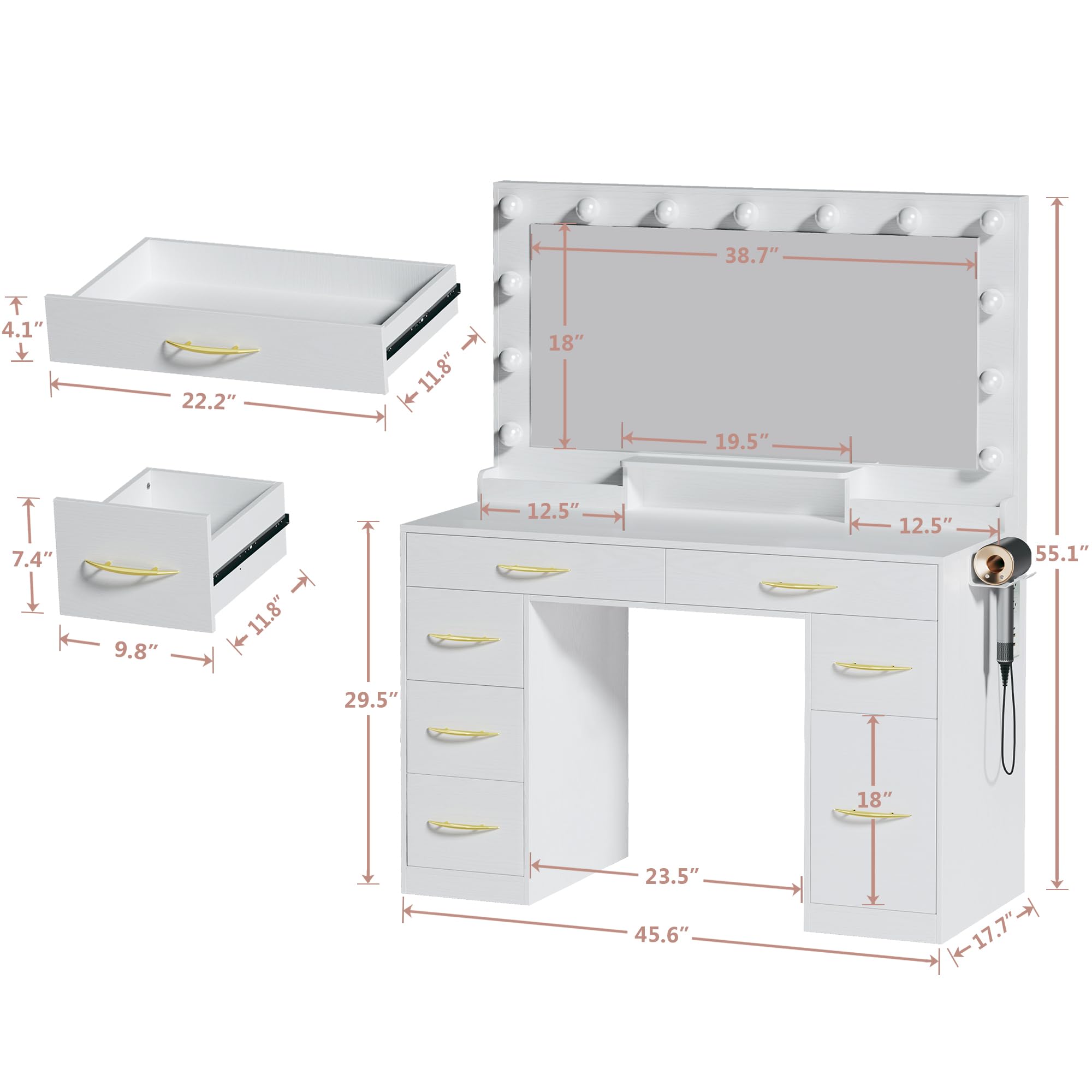 White Makeup Vanity Desk with LED Lights & Large Mirror - Adjustable 3-Color Lighting, Power Outlets & Spacious Drawers - Perfect Dressing Table for Bedroom, Beauty Salon, or Home Studio
