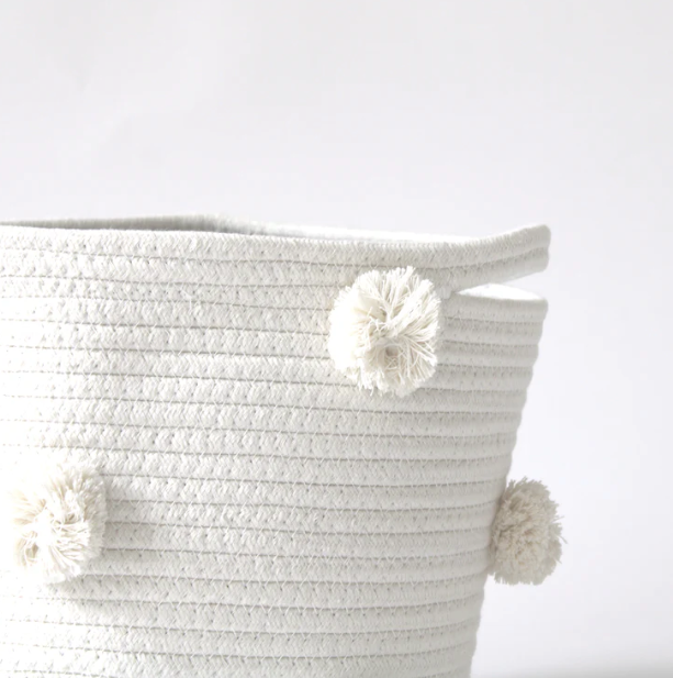 Natural Woven Pom Basket Set of 2 - Medium Size Storage Baskets for Home Decor, Laundry, or Organizing Toys & Blankets
