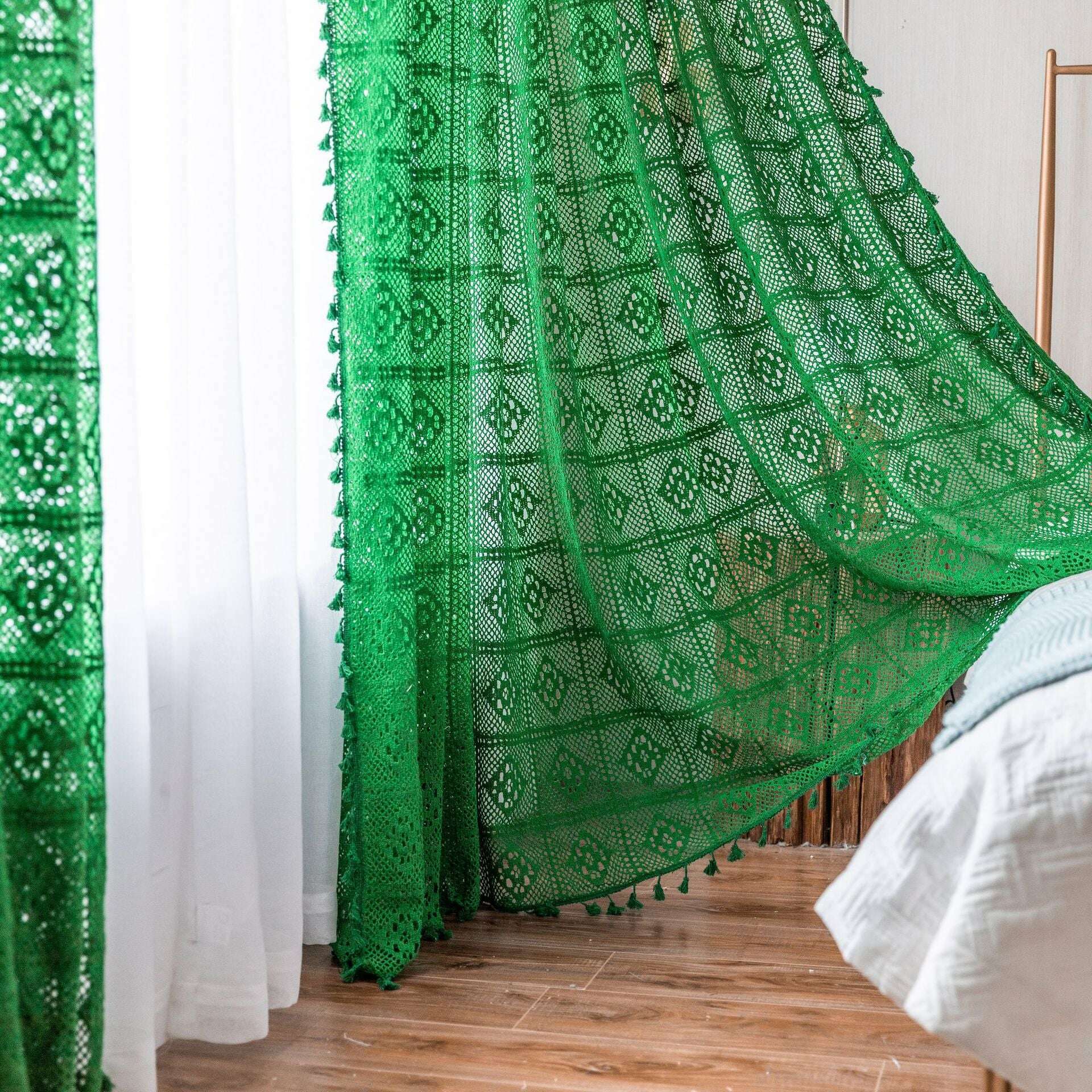 Rémy Crochet Sheer Curtains - Green & Pink Lace Window Drapes for Living Room, Bedroom & Nursery Decor