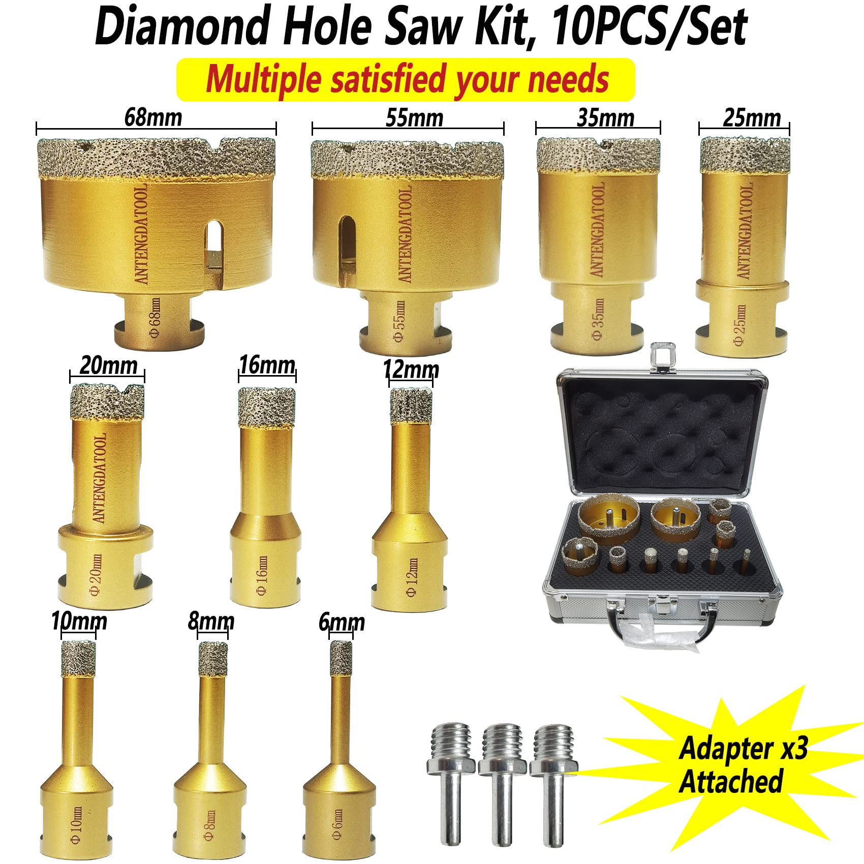 10-Piece Diamond Hole Saw Set for Dry/Wet Drilling - Porcelain, Tile, Ceramic, Marble, Brick & Granite - Core Drill Bits Kit (6/8/10/12/16/20/25/35/55/68mm) - Perfect for Angle Grinder & Professional Tile Installation