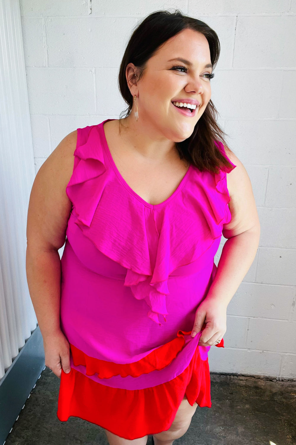 Fuchsia Ruffle V-Neck Crepe Tiered Midi Dress for Women - Flowy Party & Wedding Guest Outfit - Elegant Cocktail & Summer Dresses