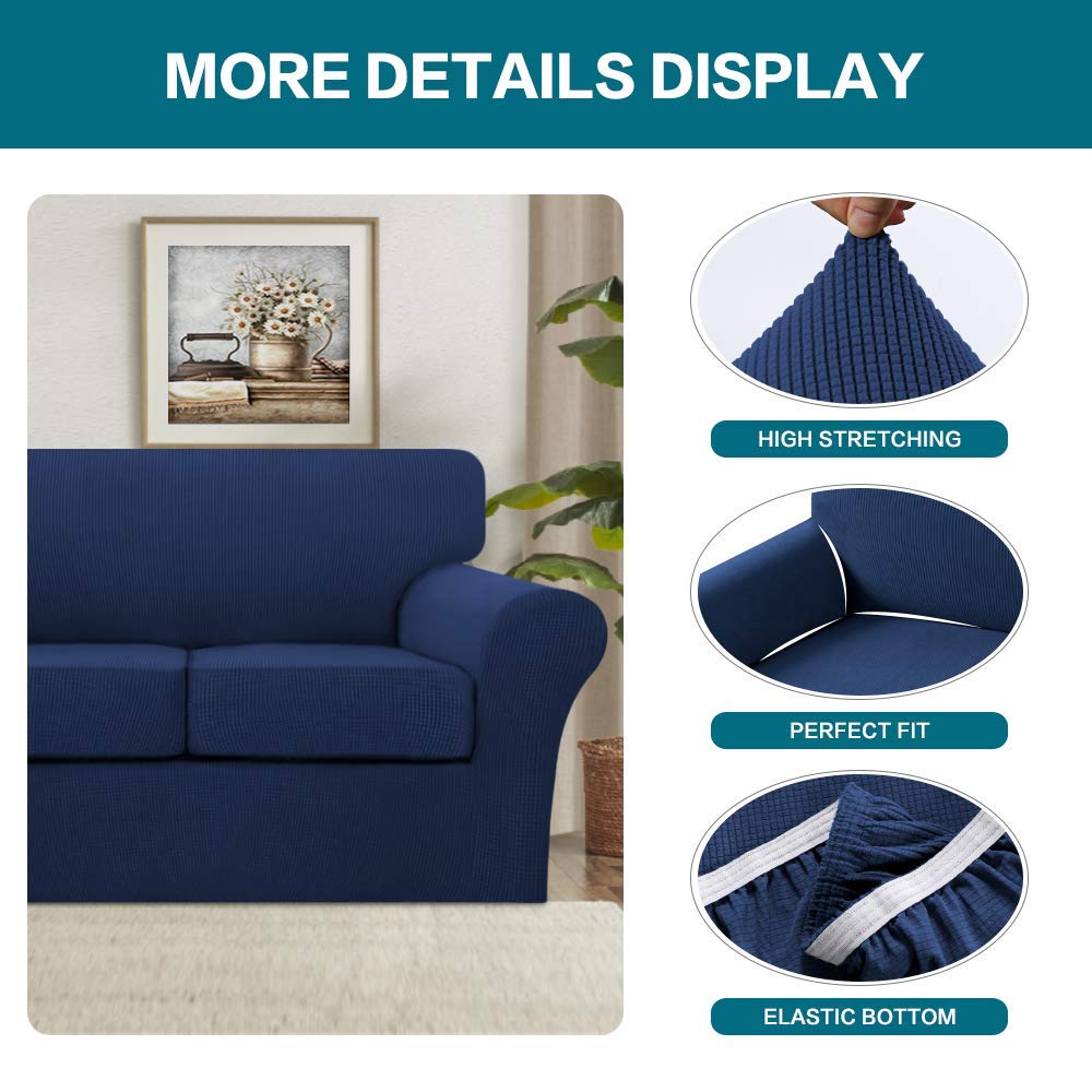 Turquoise Navy Blue 3-Piece Sofa Cover Set - Stretchable Slipcover for 3-Seater Couch & 2-Seater Loveseat - Perfect for Living Room, Family Room & Home Decor Protection