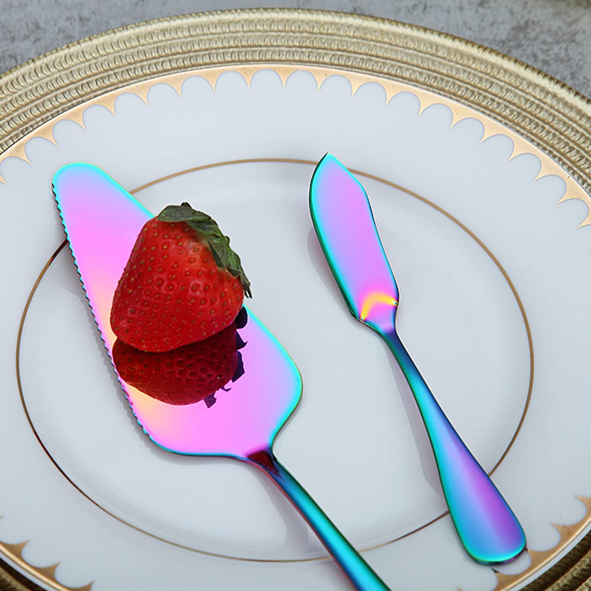 Rainbow Stainless Steel Serving Utensil Set - 12 Piece Kitchen Tools Including Serving Spoons, Slotted Spoons, Forks, Cake Server, Butter Knife & Tongs - Dishwasher Safe for Parties, BBQs & Family Dinners