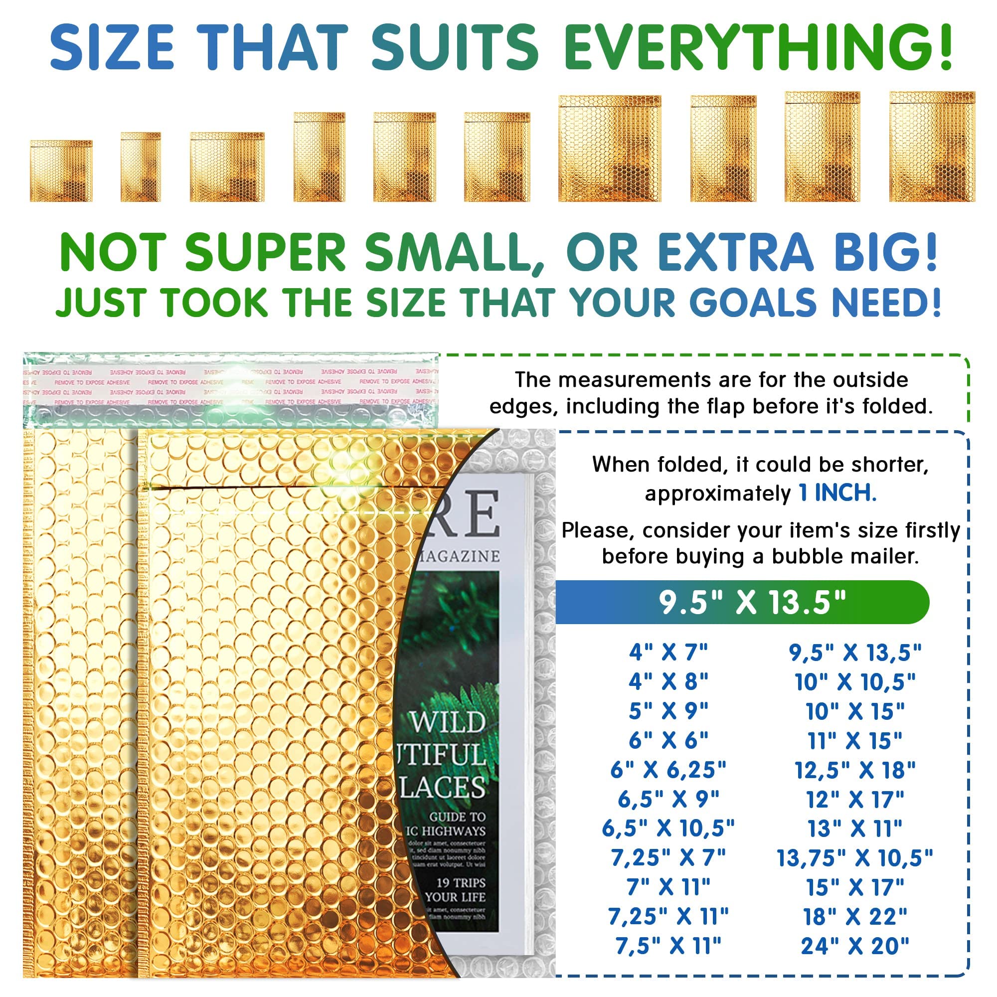 AMZ 100-Pack Metallic Gold Bubble Mailers 9.5x13.5 Inch - Self Seal Padded Shipping Envelopes, Waterproof Metalized Foil Mailing Bags for Ecommerce, Jewelry, Small Business Packaging & Gift Wrapping