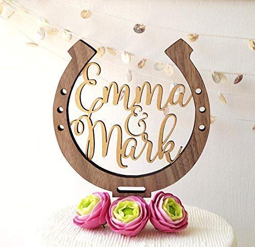 Personalized Horseshoe Cake Topper - Rustic Wooden Wedding Cake Decoration for Country Weddings & Bridal Showers - Perfect for Farmhouse, Western, and Rustic Wedding Themes