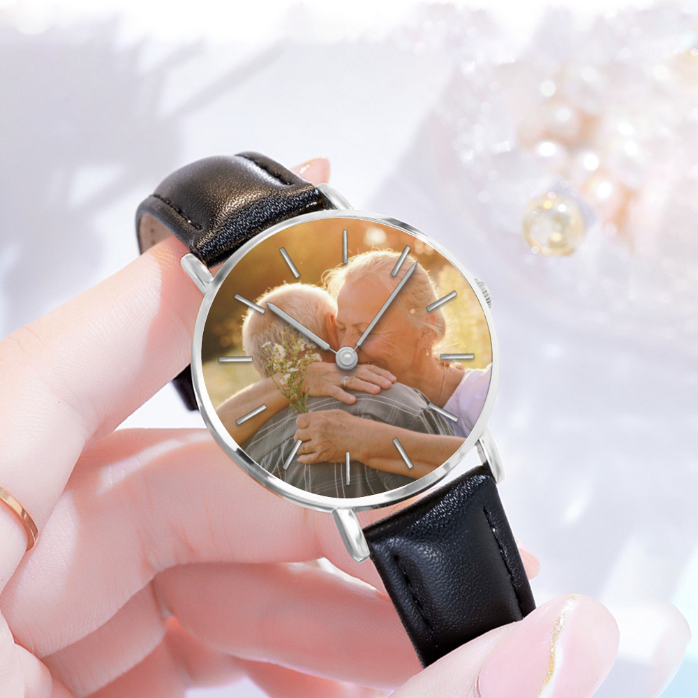 Customizable Picture Watch for Women - Golden & Silver Pointers Leather Quartz Wristwatch - Perfect Gift for Birthday, Anniversary & Special Occasions