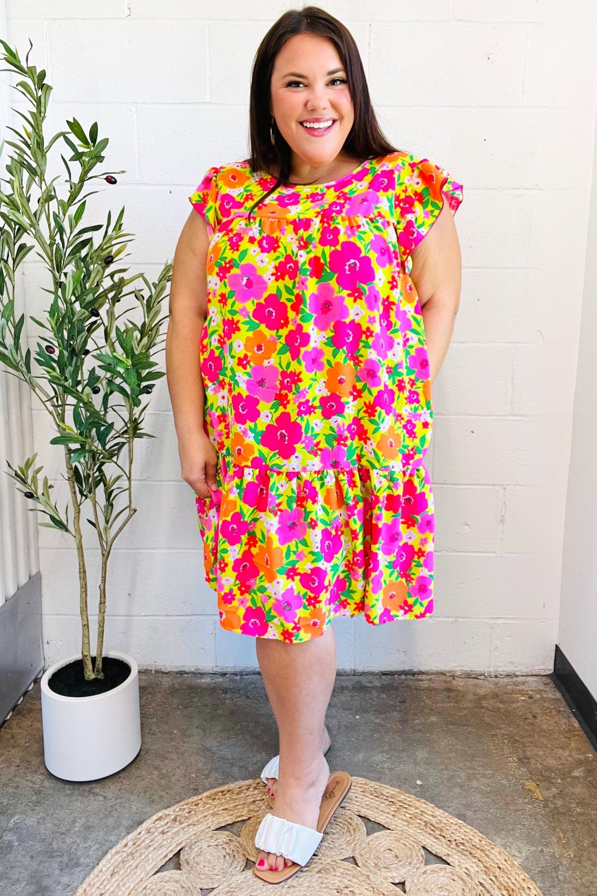 Be Charming Lime & Pink Floral Print Tiered Ruffle Sleeve Dress - Women's Summer Party Dress for Weddings, Garden Parties & Date Nights
