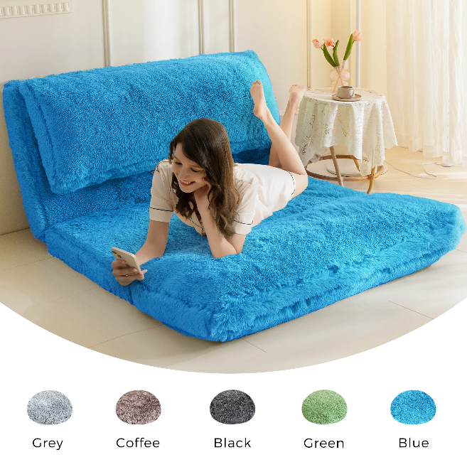 MAXYOYO Folding Bean Bag Sofa Bed - Soft Faux Fur Floor Couch with Foam Filling, Blue - Perfect for Living Room, Bedroom, Dorm & Small Space Relaxation
