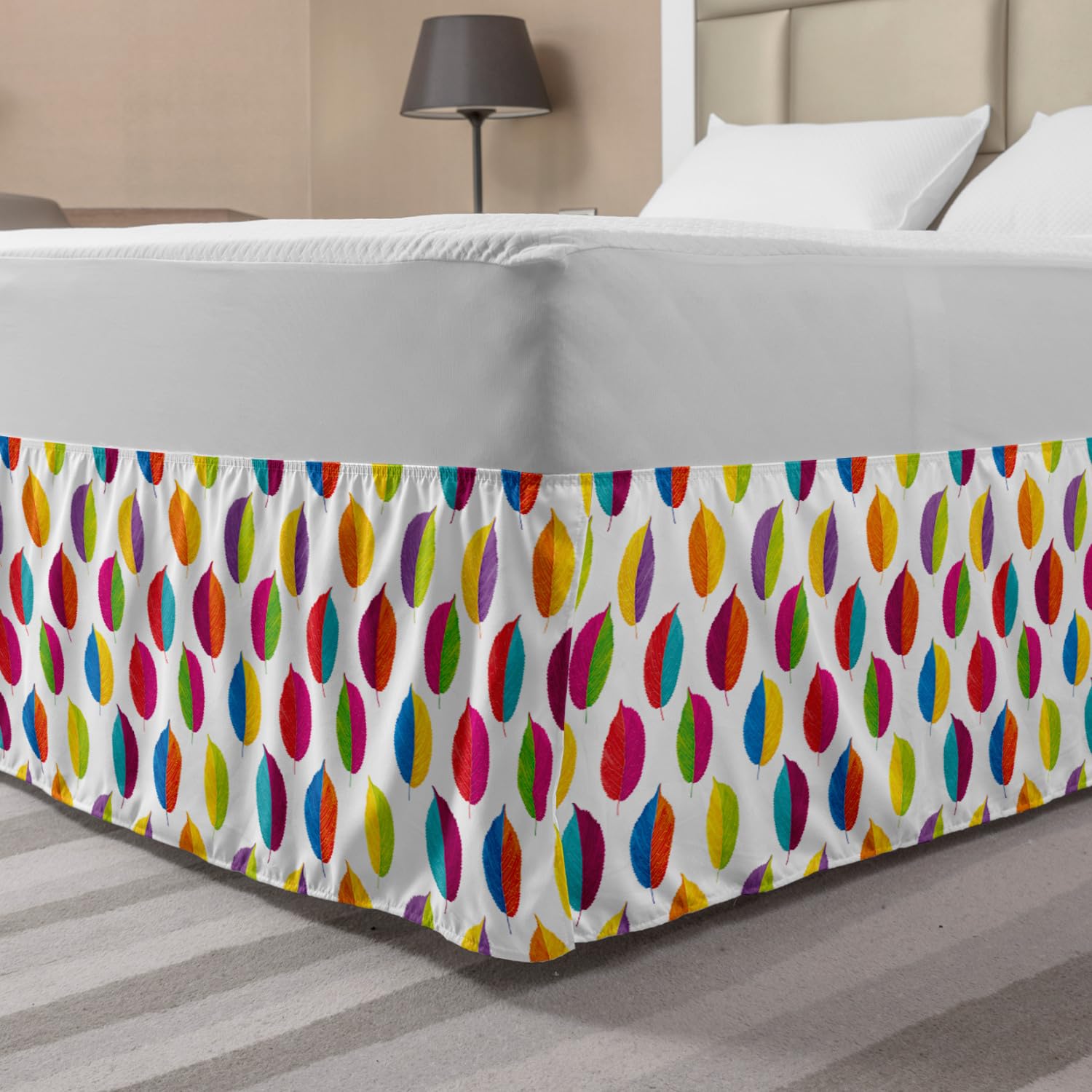 Ambesonne Autumn Bed Skirt - Fall Leaves Print on Plain Background, King Size Wrap Around Elastic Gathered Bedskirt for Bedroom Decor | Perfect for Seasonal Home Styling & Cozy Autumn Vibes
