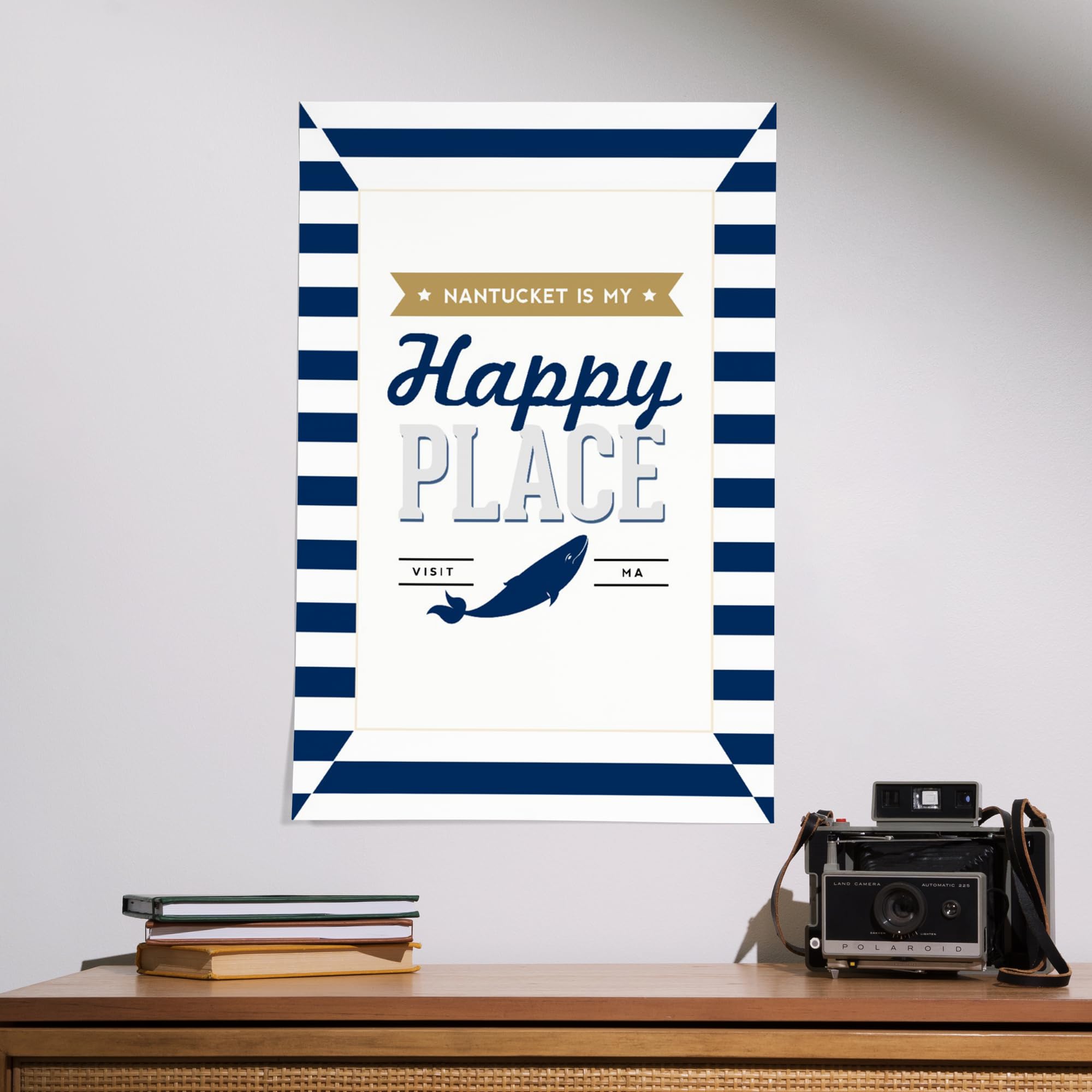 Lantern Press 16x24 Inch Giclee Print - Nantucket Massachusetts Coastal Art, 'Nantucket is My Happy Place' Striped Beach House Wall Decor - Perfect for Living Room, Bedroom or Beach House Interior Design