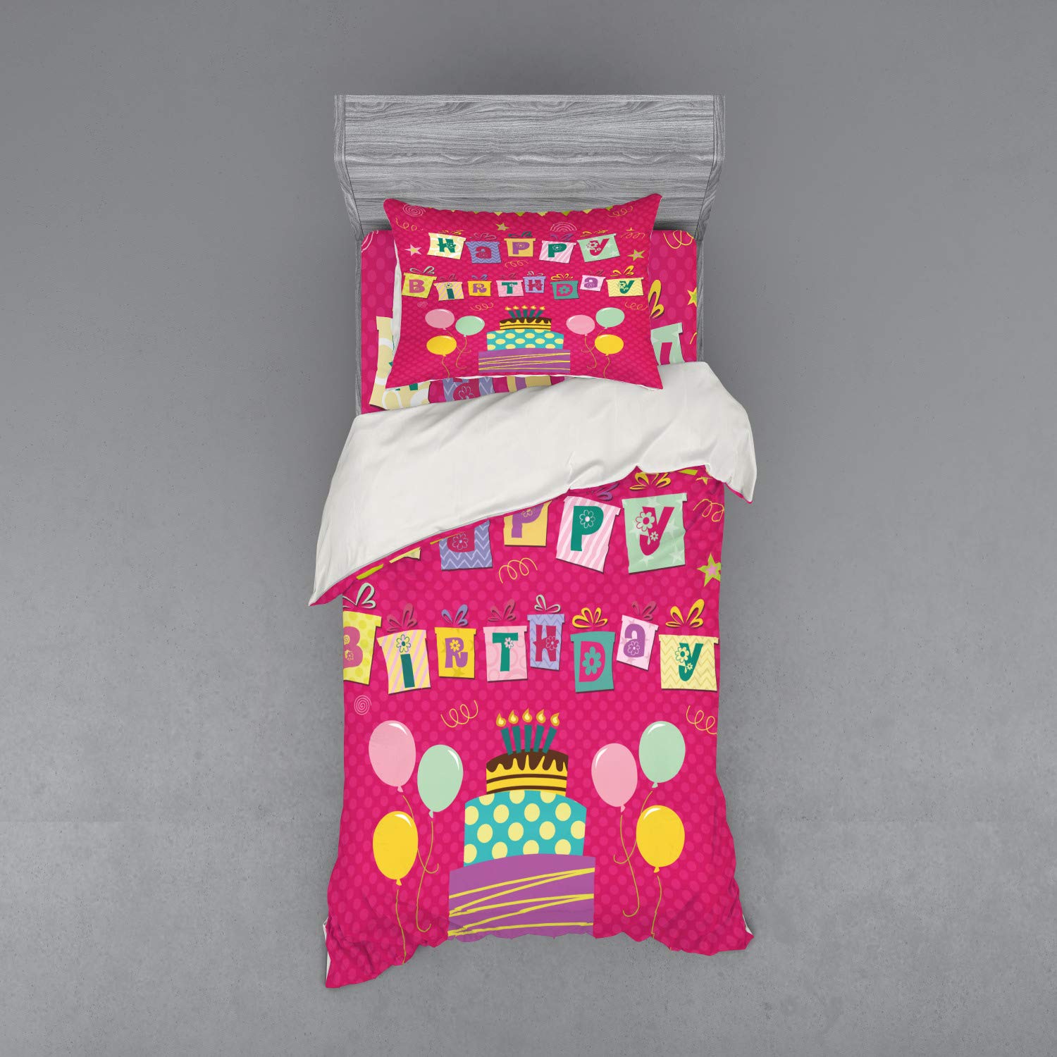 Ambesonne Birthday Party Bedding Set - 3 Piece Duvet Cover with Sham & Fitted Sheet, Twin Size, Dark Coral Multicolor with Colorful Present Boxes, Balloons & Cake Design | Perfect for Kids' Birthday Parties, Sleepovers & Themed Bedroom Decor