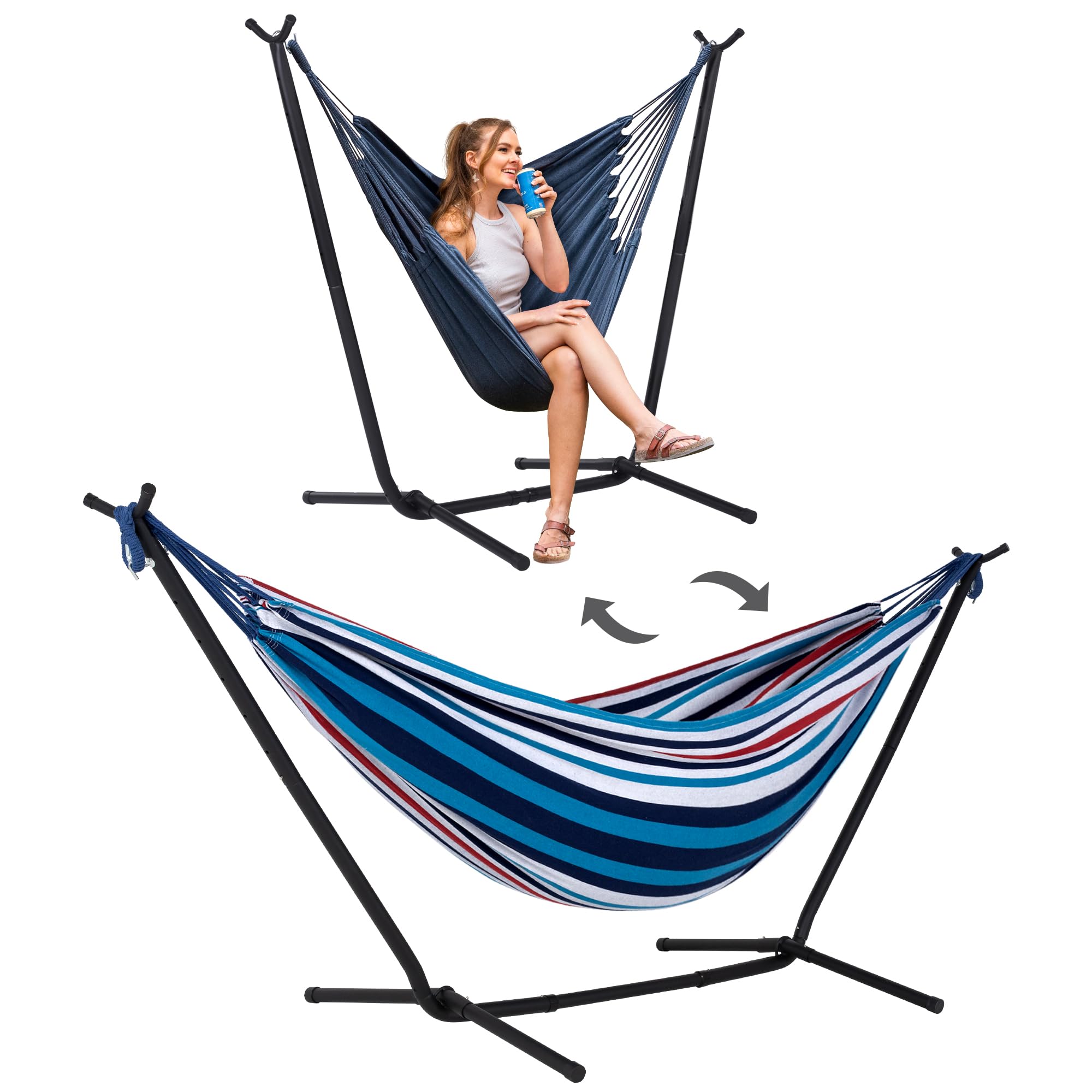 SUNCREAT 2-in-1 Convertible Portable Double Hammock with Stand - Outdoor Hammock for Backyard, Beach & Camping - Patent Pending - Sea Blue
