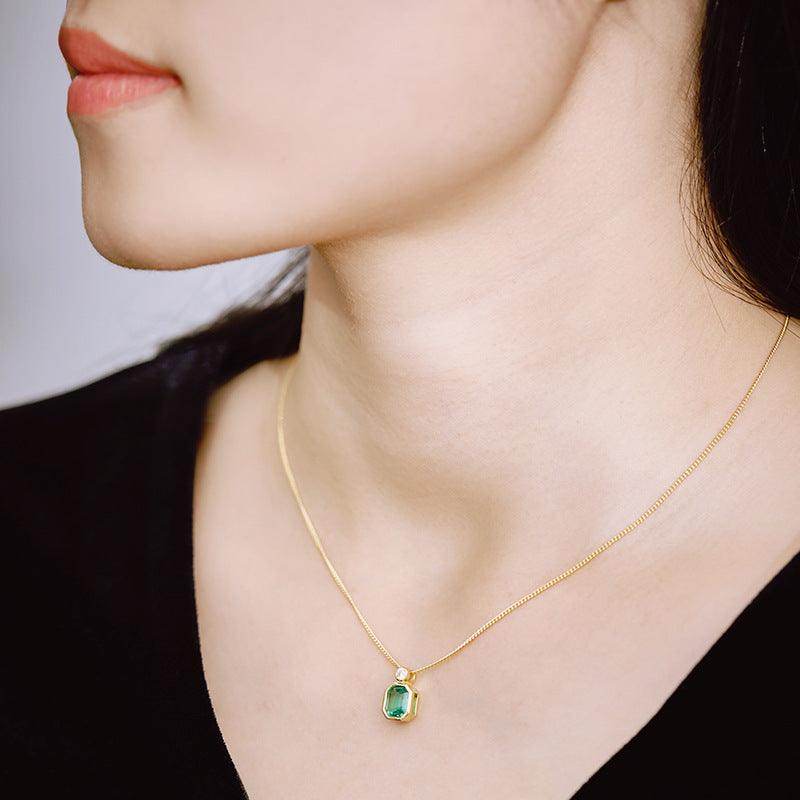 Octagonal Green Emerald Jewelry Necklace for Women - S925 Sterling Silver Gold Plated Square Pendant Clavicle Chain - Perfect for Parties, Weddings & Everyday Elegance