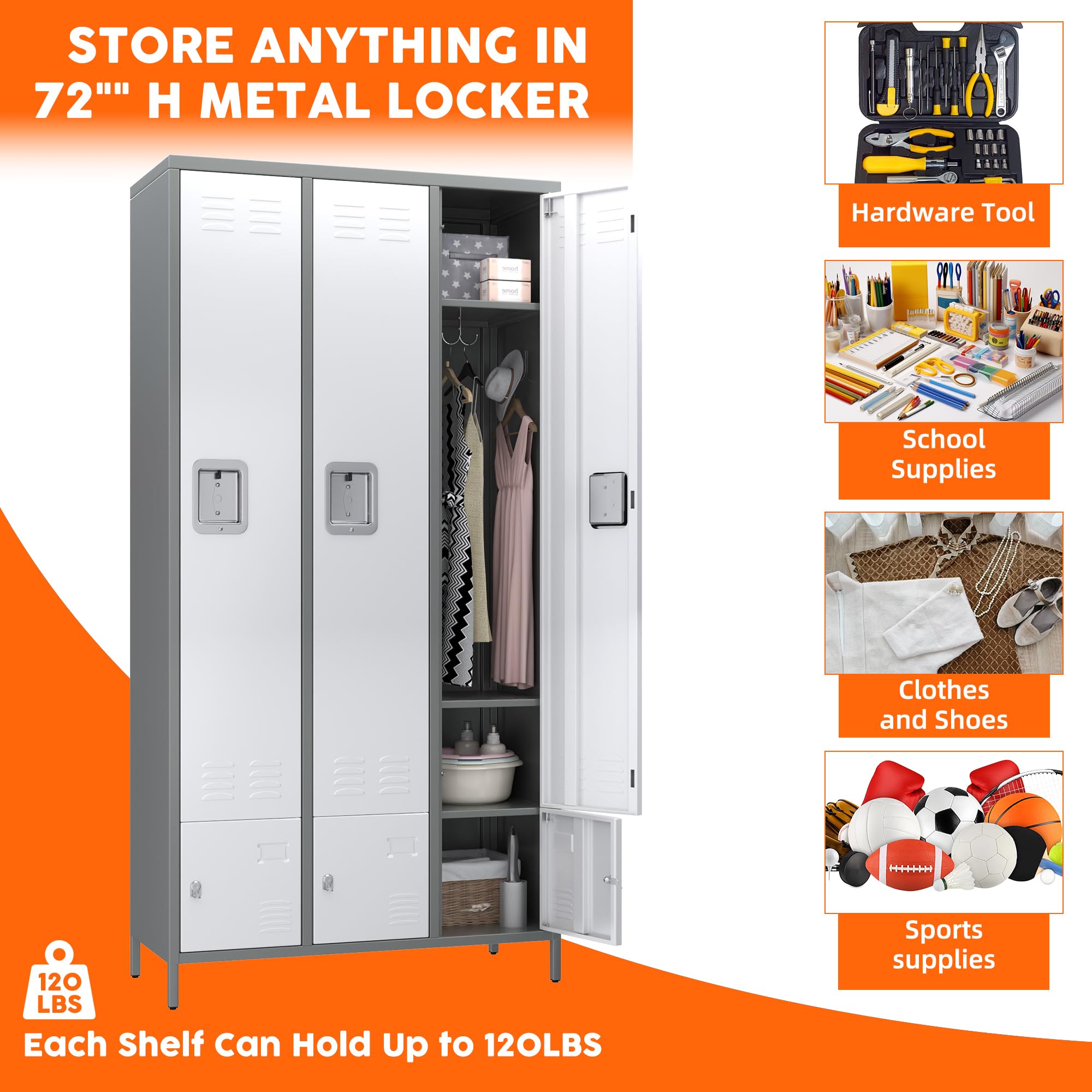 Aobabo Heavy Duty Metal Storage Locker with 9 Hooks - 6-Door Combination Lock Cabinet for Office, Gym, Bedroom & Dormitory (Grey & White) - Perfect for Employee Storage, Sports Gear Organization & School Locker Room - Assembly Required