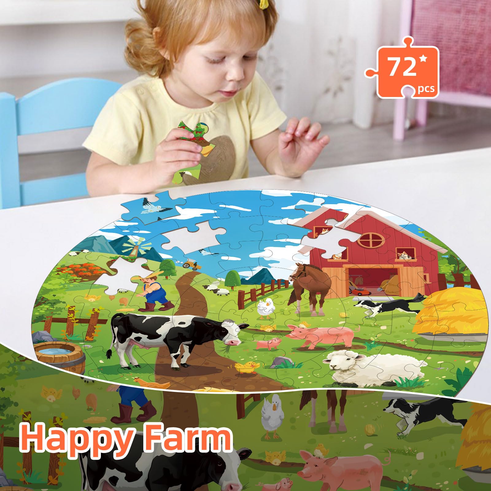 72-Piece Farm Animals Round Jigsaw Puzzle for Kids Ages 3-8 | Large Floor Educational Toy for Toddlers & Preschool Learning | Perfect Birthday Gift for Boys & Girls | Fun Playtime Activity for Home, Classroom or Party