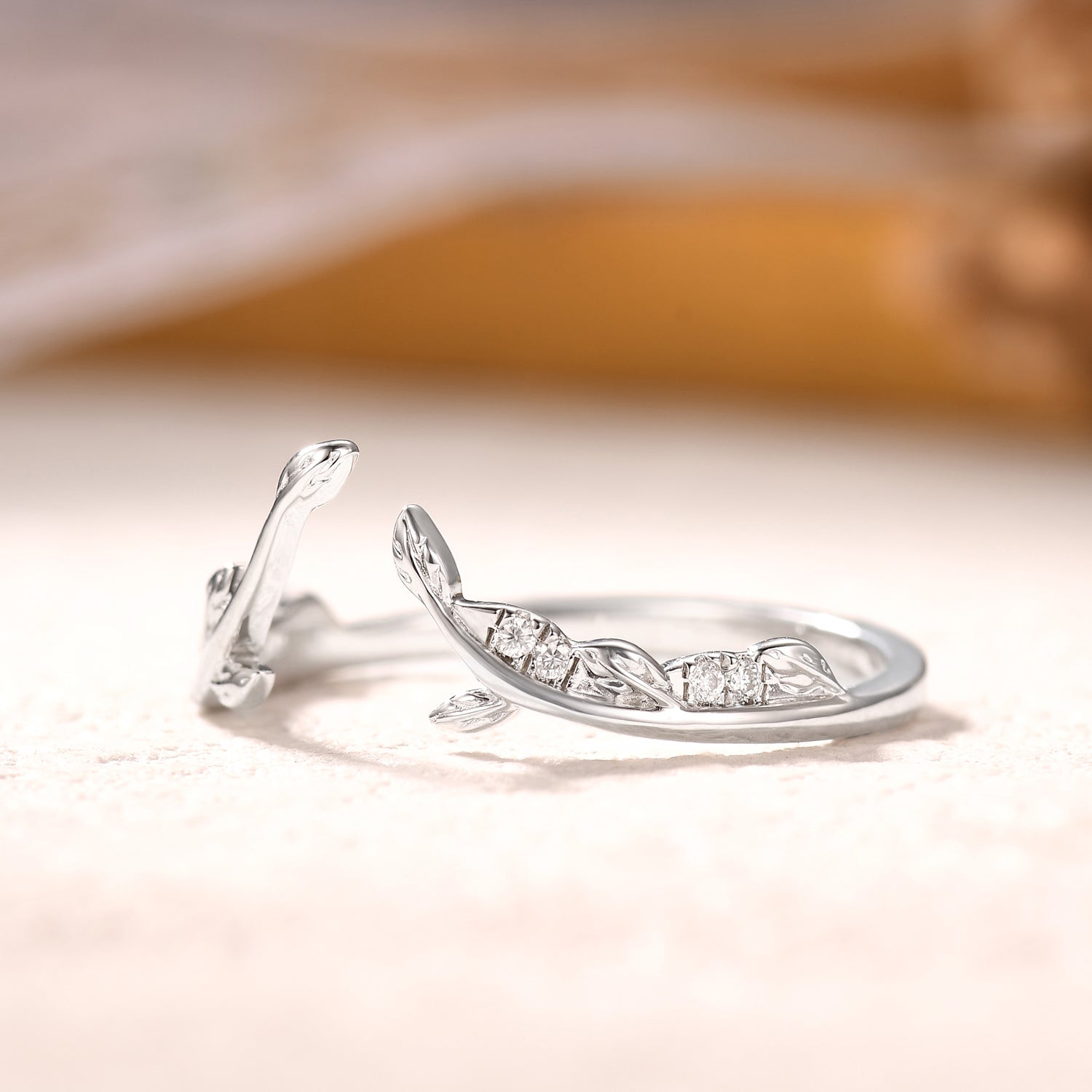 Solid Gold Art Deco Open Curved Natural Diamond Leaf Matching Wedding Band Ring for Women - Perfect for Bridal Jewelry, Anniversary Gifts & Special Occasions