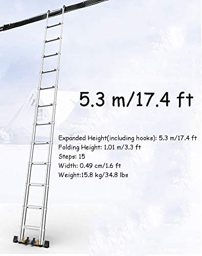 Extendable Aluminum Telescoping Ladder with Detachable Hooks - Foldable Portable Ladder for Home, Office, Loft & Attic - 330 lbs Weight Capacity - Perfect for Indoor/Outdoor Use, Roof Access & Storage Spaces