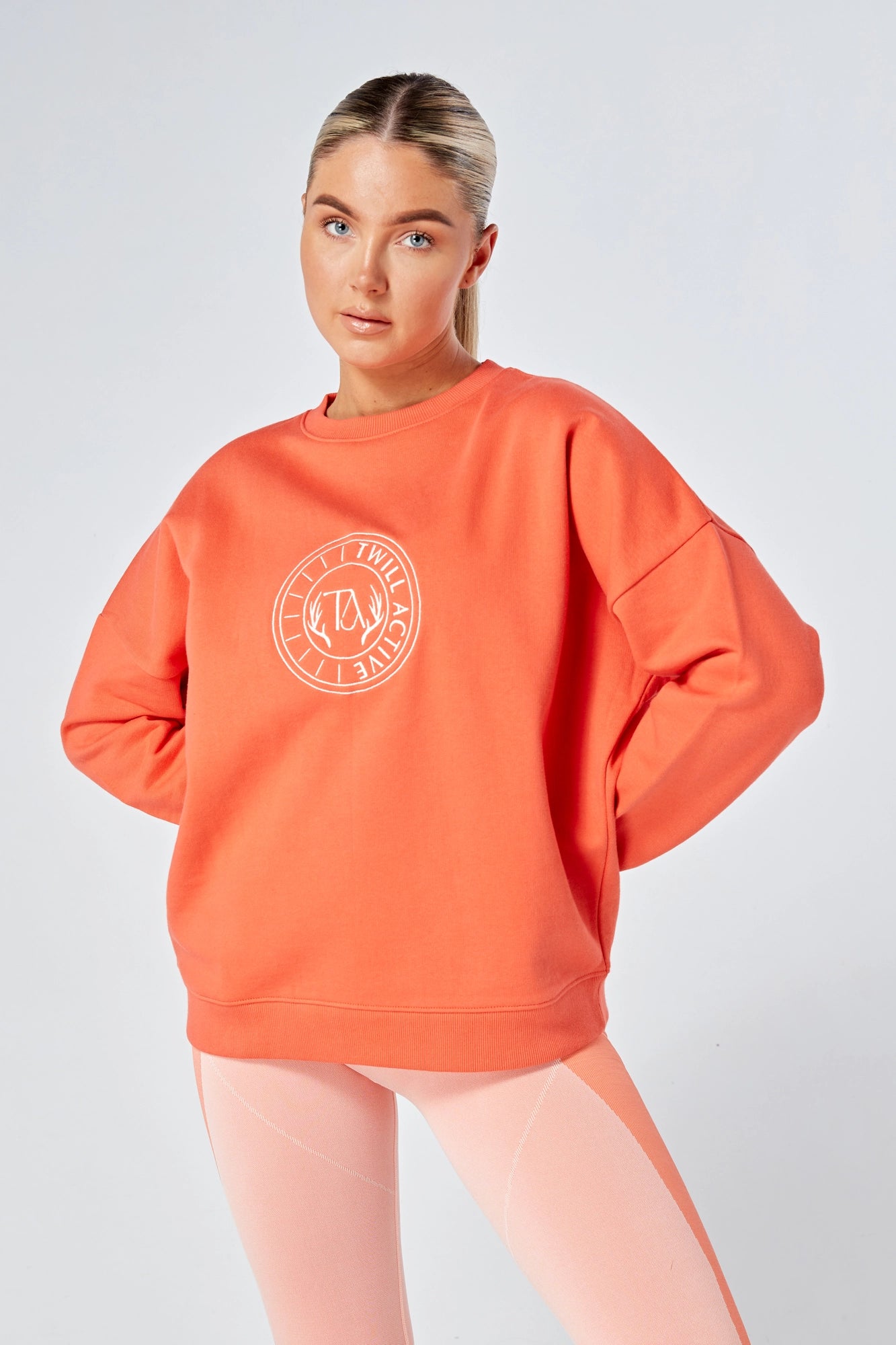 Oversized Twill Active Essentials Crewneck Sweatshirt for Women - Coral | Comfortable Loungewear & Casual Streetwear for Everyday Wear
