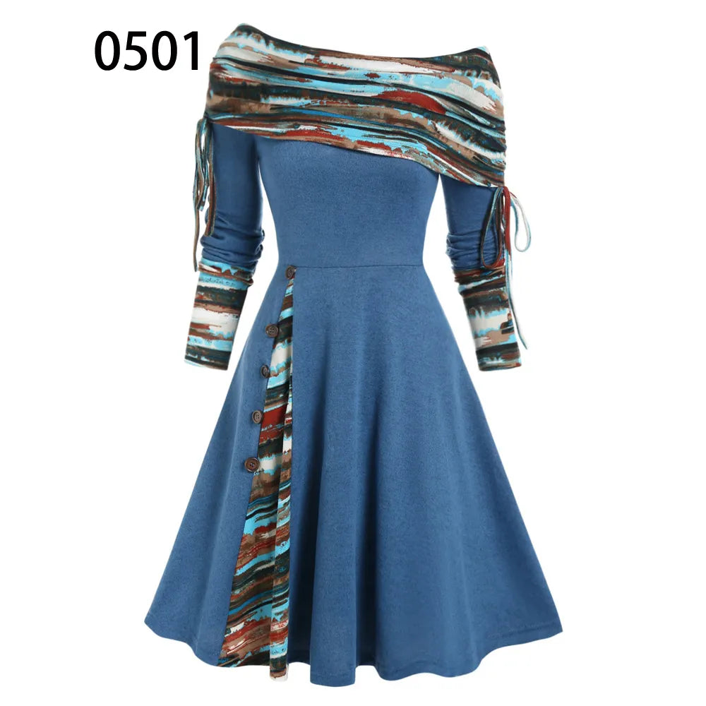 **Women's 2024 Striped Knit Convertible Dress - Off Shoulder, Long Sleeve, Cinched Waist & Flare Hem | Perfect for Date Night, Parties & Casual Outings**